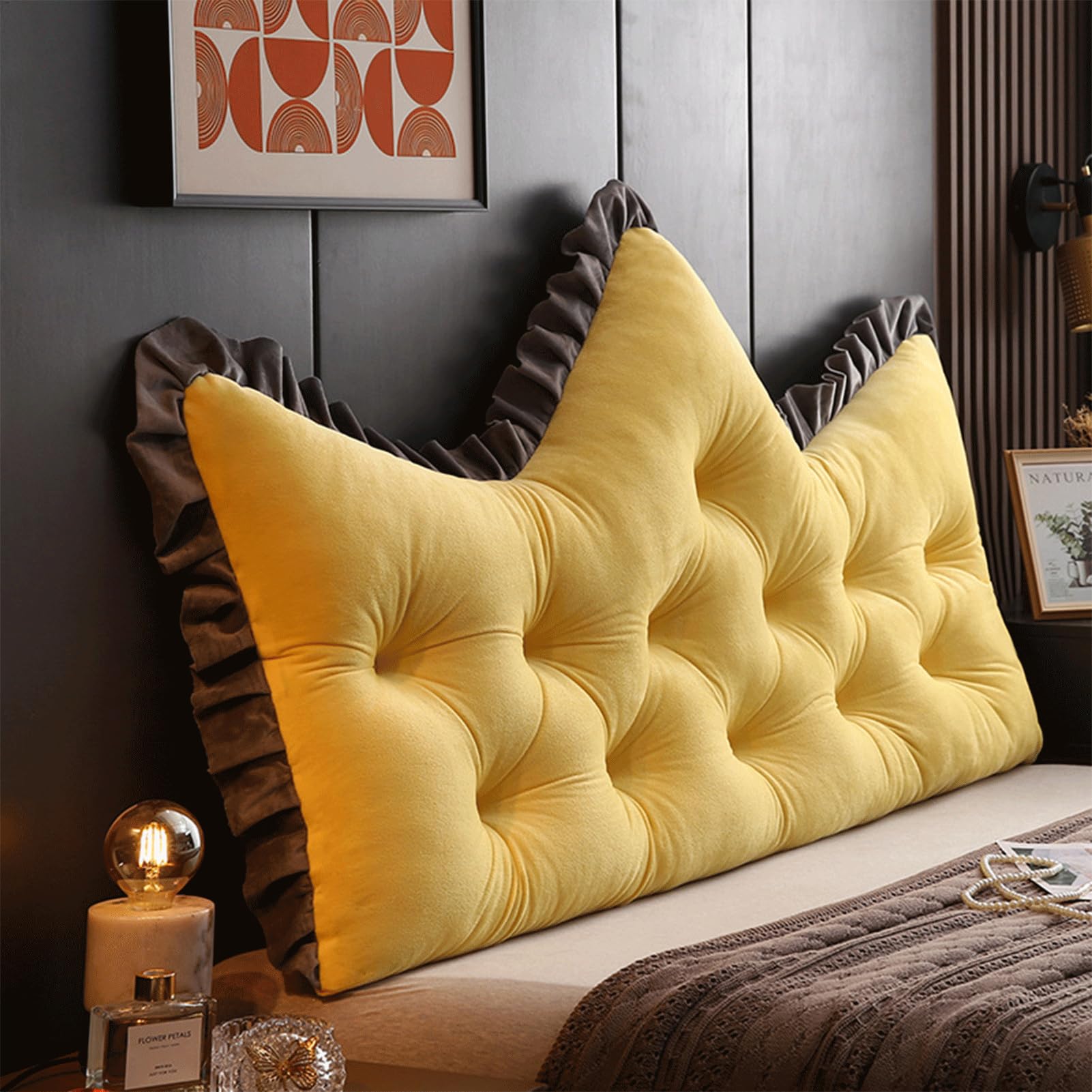 Stützendes Samt-Rückenkissen für Bett & Sofa, abnehmbarer Bezug, groß, 150 x 60 cm, Lese- und Entspannungskissen, gelbes Dekokissen für die Wand