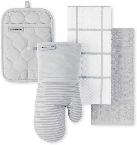 KITCHENAID Quilted Cotton Terry Cloth Oven Mitt, Pot Holder, Kitchen Towel 4-Pack Set, Heat Resistant, Silicone Grip, 16"x26", 7"x13" & 7"x10", Matte Grey