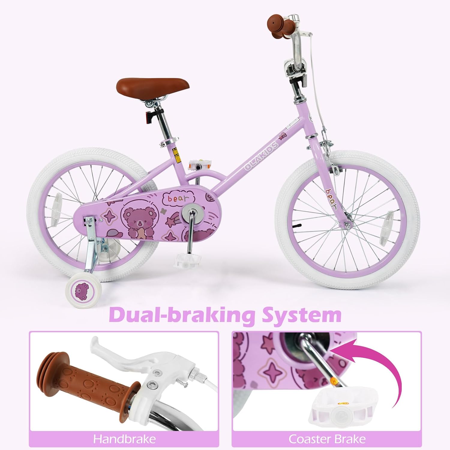 Olakids Kids Bike, 12 14 16 18 Inch Bear Themed Toddlers Bike with Training Wheels Adjustable Seat Handlebar Coaster Brake and Handbrake, Children's Bicycle for Boys Girls