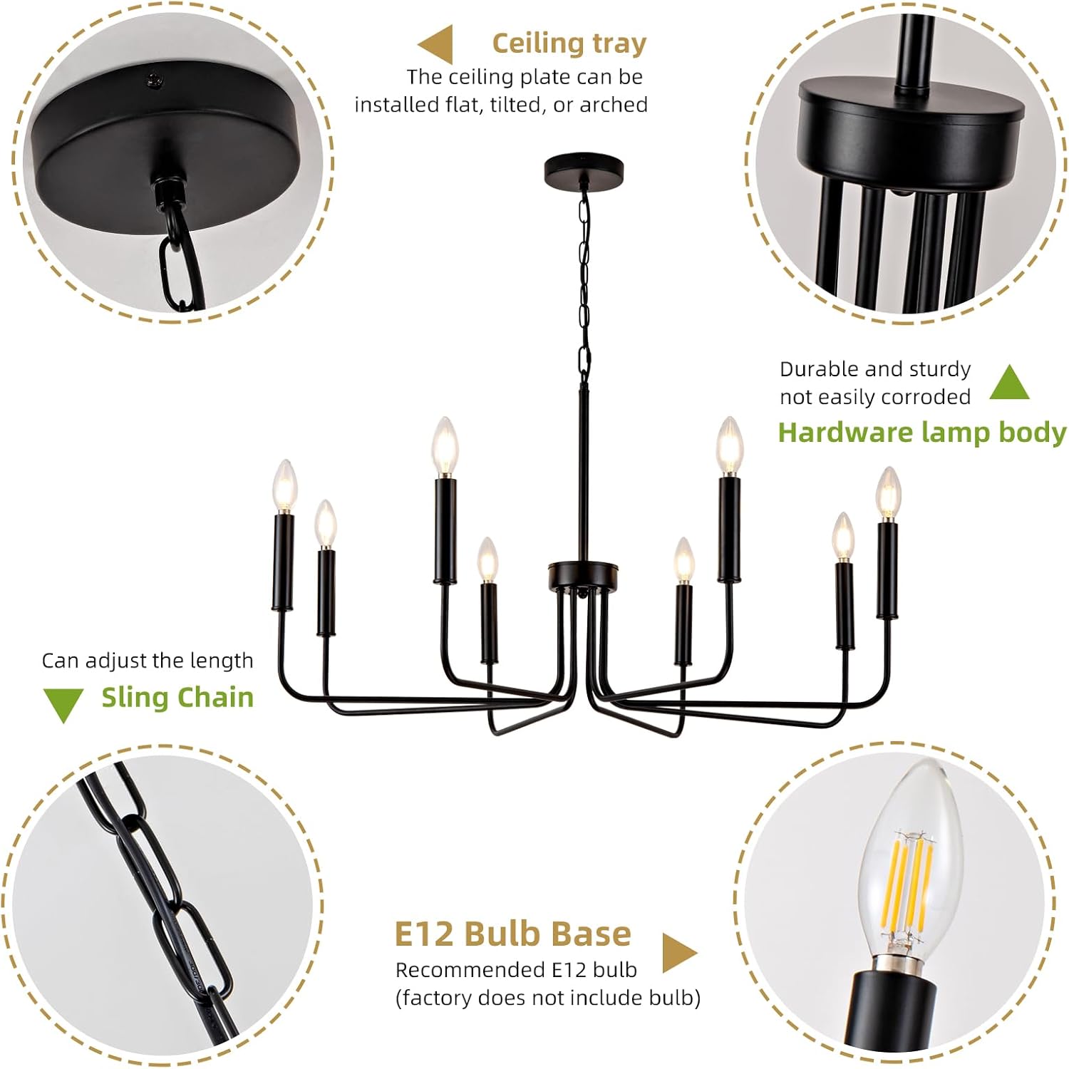 Mikeru Black Chandelier, 8-Light Vintage Industrial Pendant Light, Farmhouse Dining Lighting, Dimmable & Adjustable Height Chandelier. Suitable for Bedroom, Living Room, Kitchen, Office, Foyer.