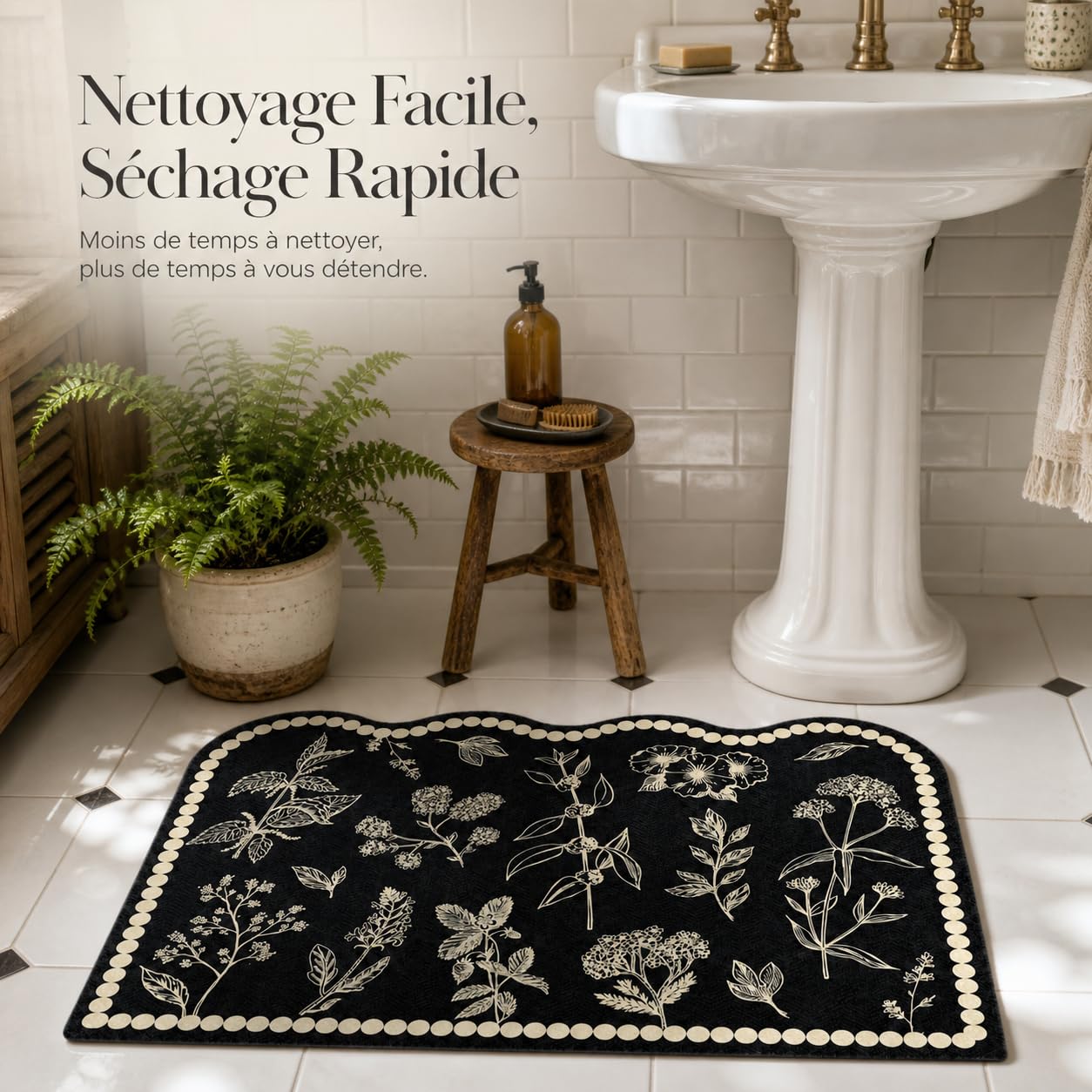 Tapis Bain Diatomée Rétro Floral, Rose Berlin Ovale, 80x120cm