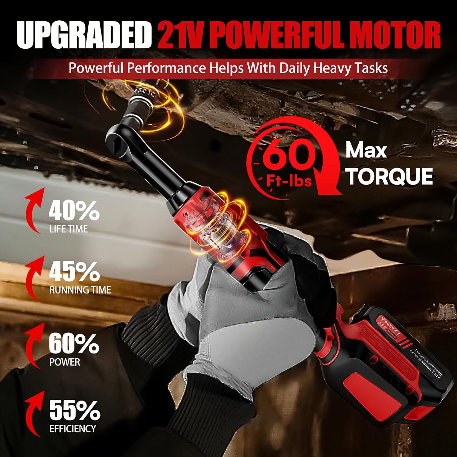 21V Electric Ratchet Wrench Set,60FT-LBS (80N.m) Extended Cordless Ratchet Wrench with 2x 2.0Ah Battery,3/8" 400 RPM Variable Speed Power Ratchet Driver Set with 7 Sockets,1/4 Adaptor, 3"Extension Bar