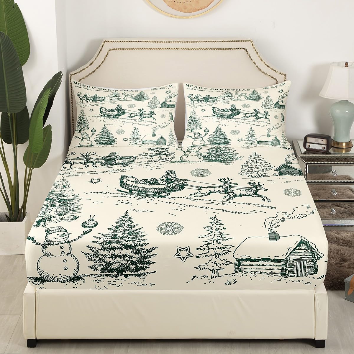 Christmas Bed Sheets Queen Size,Snowman Santa Claus Bedding Set for Kids Girls Boys Teens Room Decor,Snowflake Candy Deer Vivid Fitted Sheet Vintage Sketch Green Top Flat Sheet 4Pcs