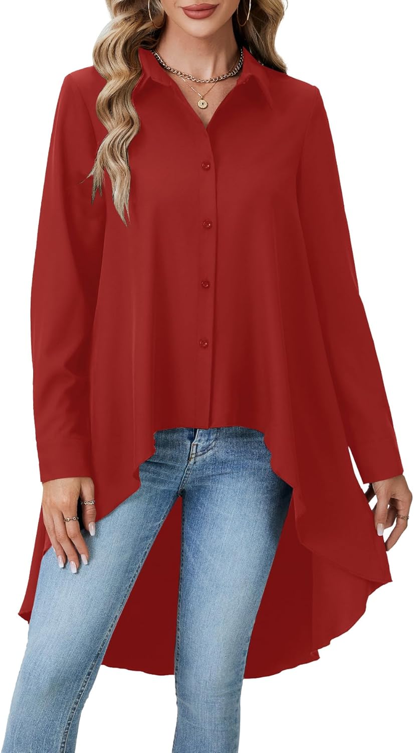 OPOIPIN Women's Button Down Asymmetrical Hem Collar V Neck Long Sleeve Blouse Top - Image 2