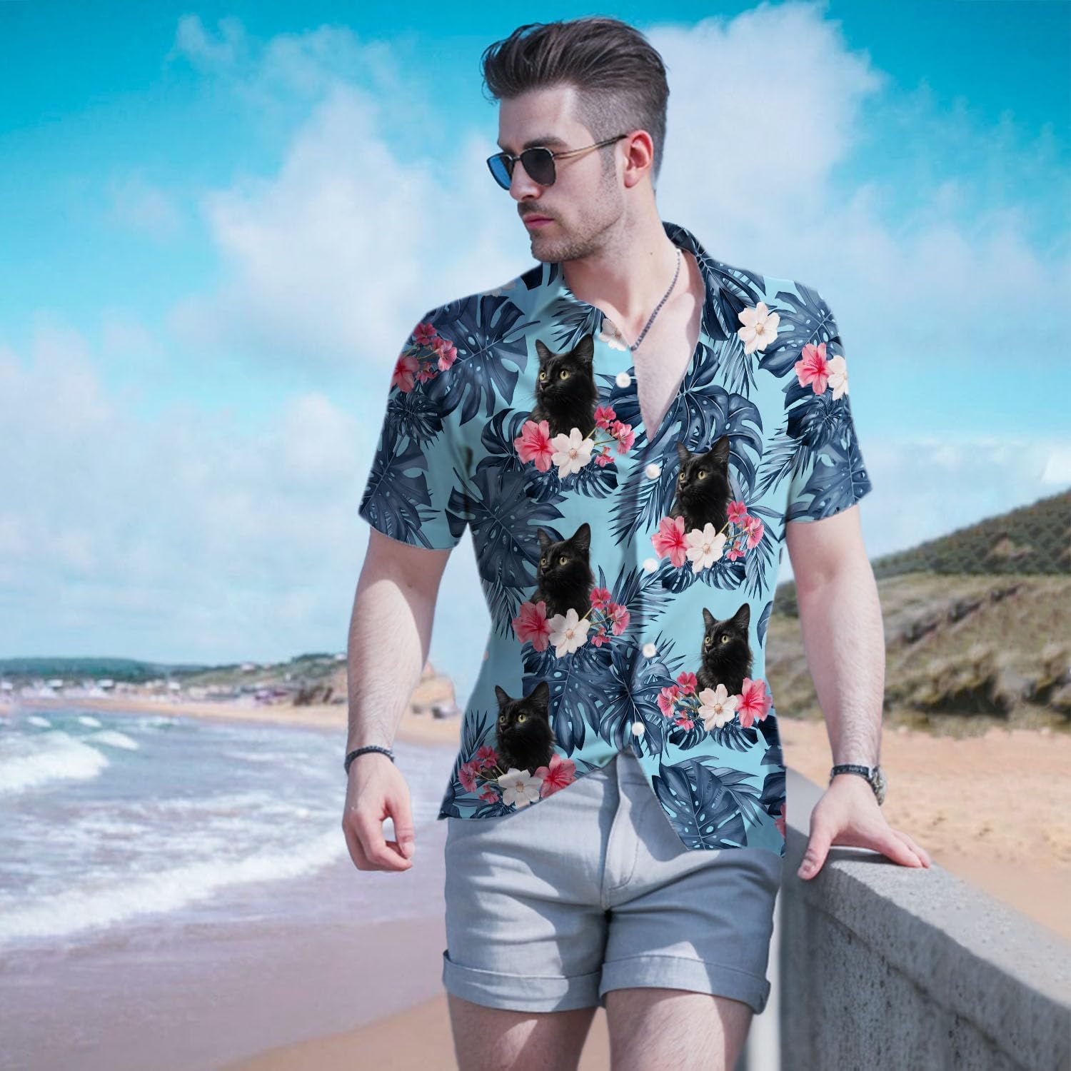 Cat Hawaiian Shirts for Men,Button Down Beach Casual Shirts - Image 2