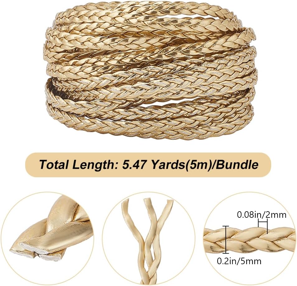 GORGECRAFT 5m Braided Leather Cord 5mm Gold PU Leather Rope 2mm Thick Flat Folded Imitation Leather String Thread for DIY Braiding Crafts Bracelet Anklets Choker Necklace Jewelry Making Supplies