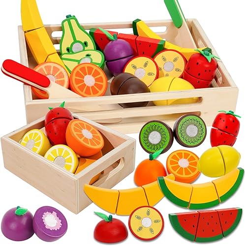 BAODLON Juego de frutas de madera para cortar Juguetes de madera para la cocina de los niños, accesorio de cocina de múltiples simulaciones con 2