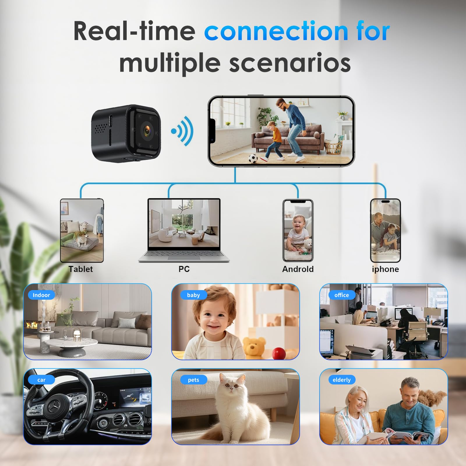 Mini Telecamera Senza Fili, Videocamera Sorveglianza HD, Microcamera | Telecamera WiFi Interno, Visione Notturna, Audio Bidirezionale, rilevazione di movimento, HD 1080p, Per Casa/Bambini