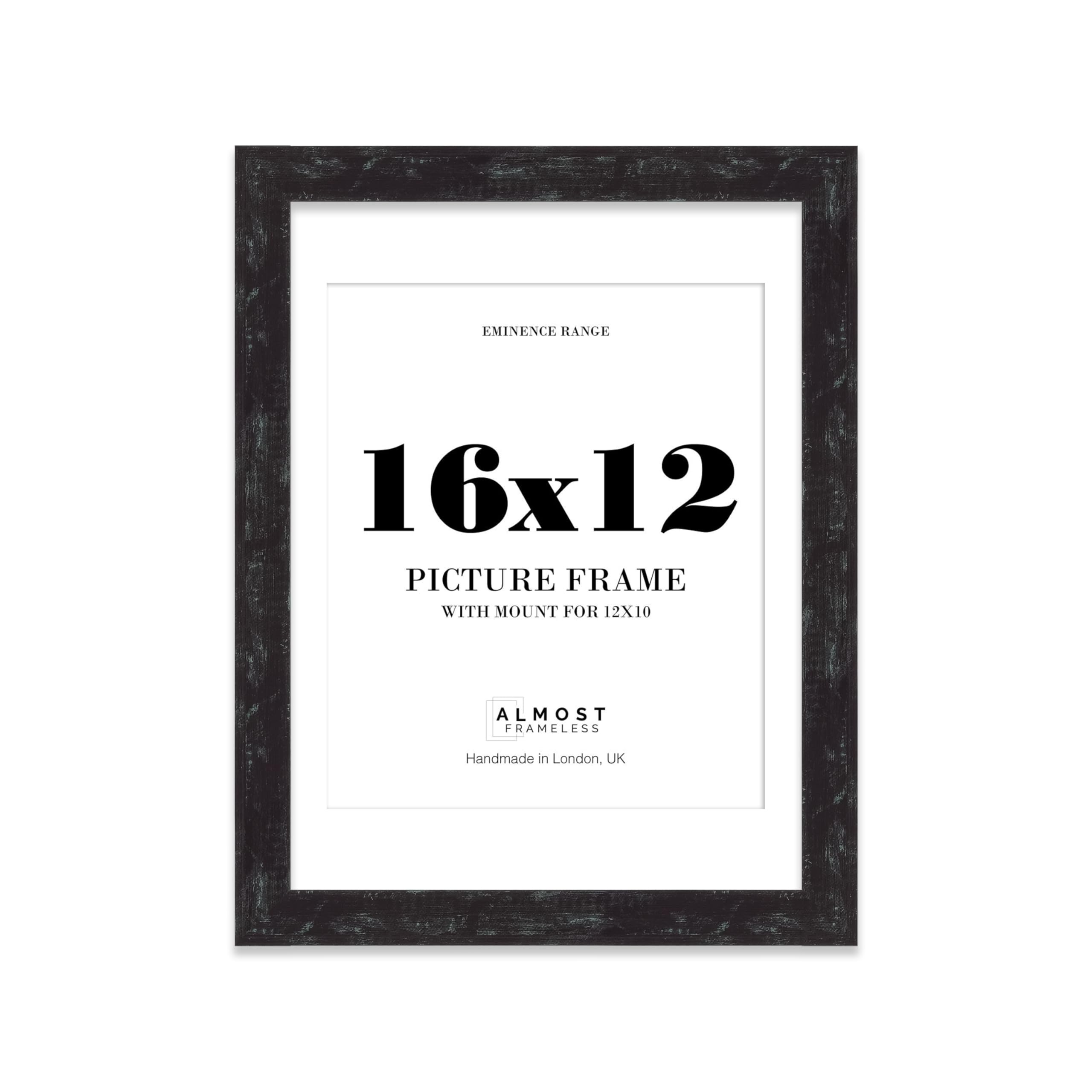 16x12" Distressed Black Picture Frame with 12x10" Mount - Industrial Photo Frame with Distressed Finish, Wall Hooks, 32mm Edge - 1 Pack