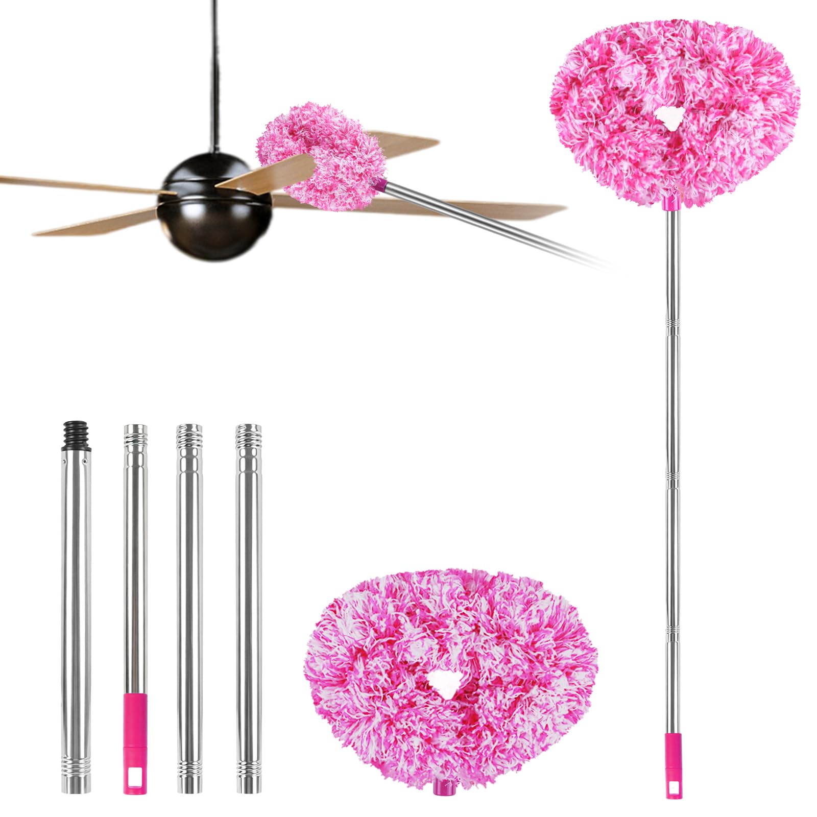 Ceiling Fan Cleaner Duster Reusable Microfiber Ceiling Fan Blade Cleaner Removable Duster with Extension Pole Adjusts 13 to 49.7 Inch for Cleaning Walls Furniture Door Window Top (Rosy White)
