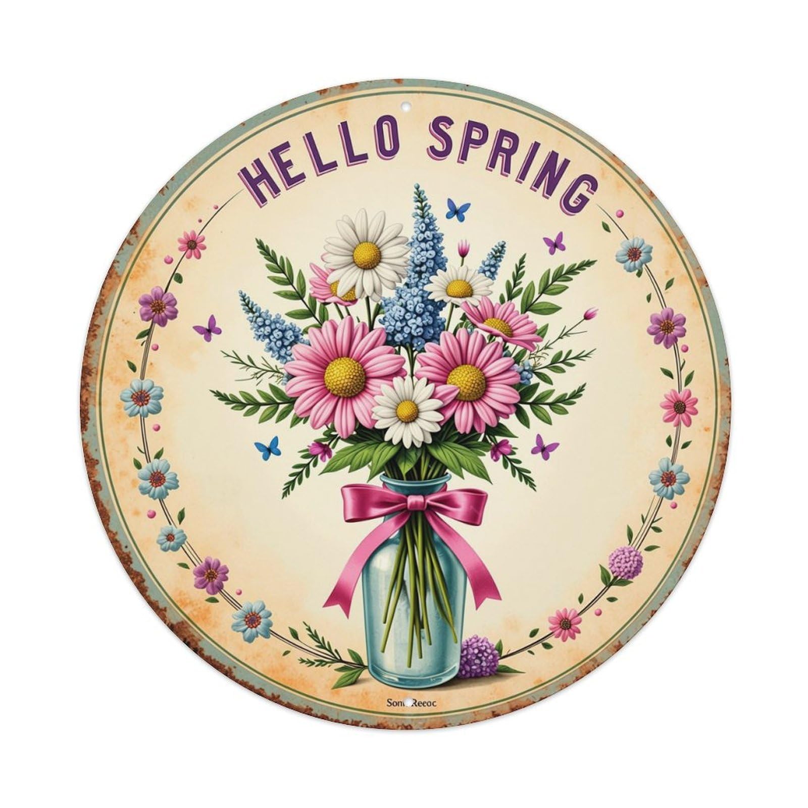 Hello Spring Floral Bouquet Vase Round Metal Tin Sign Vintage Wall Decor, Bar Garage Cafe Kitchen Home Wall Art Poster 8x8inches