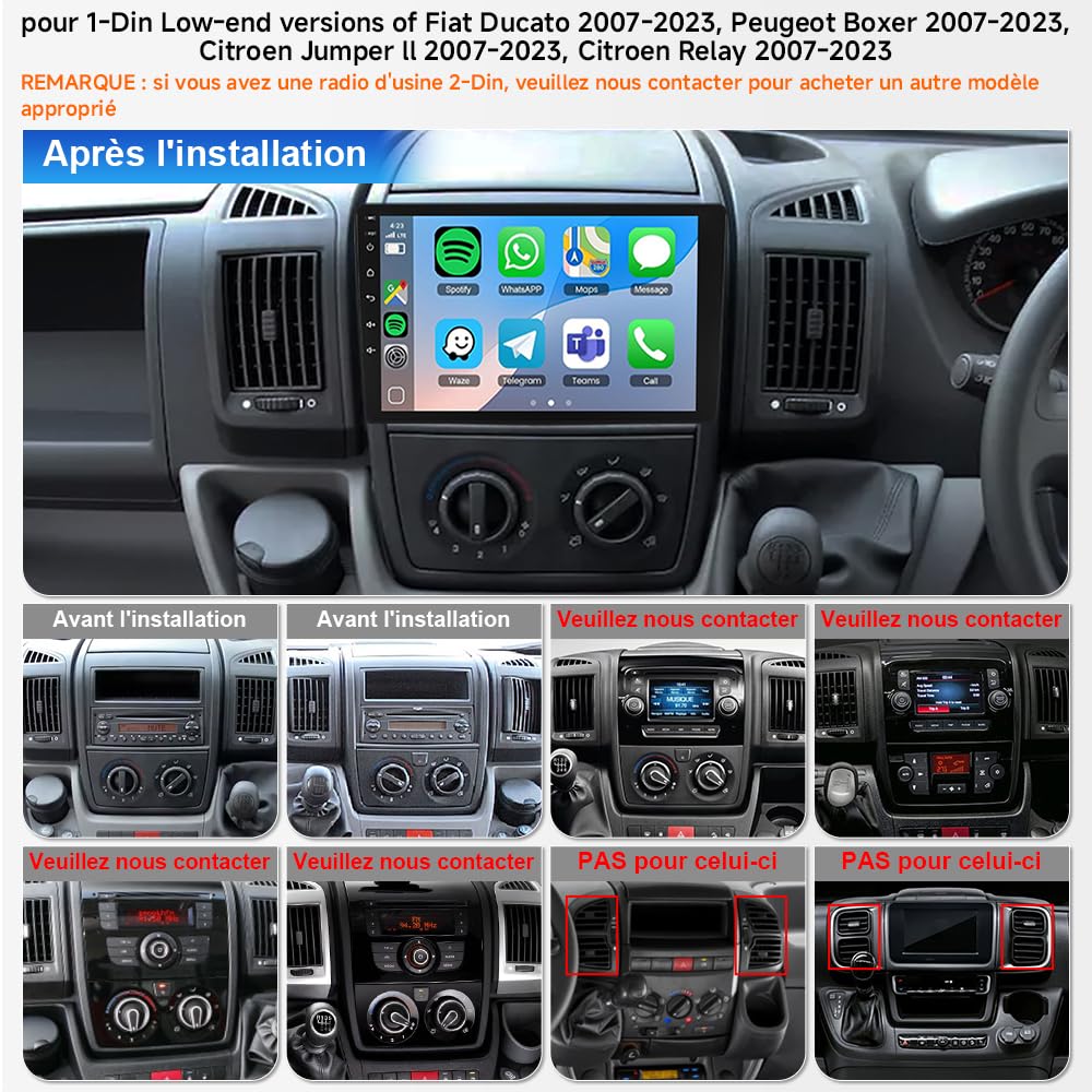 Autoradio Android 15 pour 1-DIN Fiat Ducato, Citroën Jumper, Relay Peugeot Boxer, 4 + 64 Go, écran Tactile 9 Pouces, CarPlay sans Fil, Android Auto, Bluetooth 5.4, Wi-FI 6, DSP, Navigation