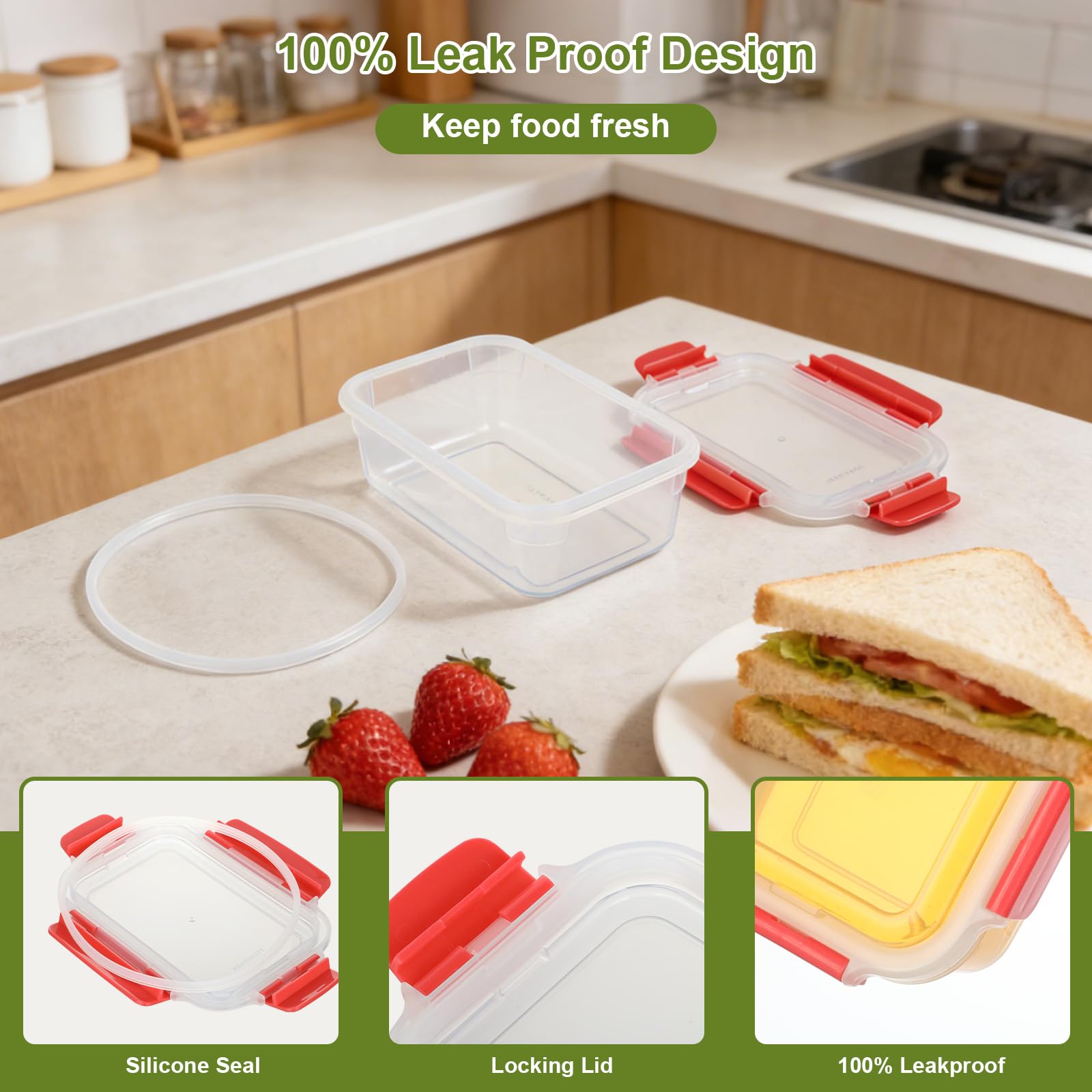 VINATO Set di 6 Contenitori Ermetici per Alimenti da 0.75 Litri, Contentiori in Plastica per Alimenti con Coperchio, 4 Chiusure di Sicurezza, Senza BPA adatti per Microonde e Lavastoviglie