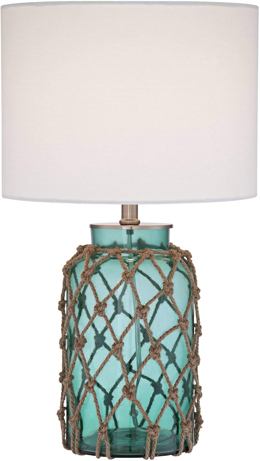 360 Lighting Crosby Coastal Natural Cottage Accent 3-Way Table Lamp with Table Top Dimmer 22.5" High Blue Green Glass Rope Netting Off White Fabric Drum Shade for Living Room Bedroom