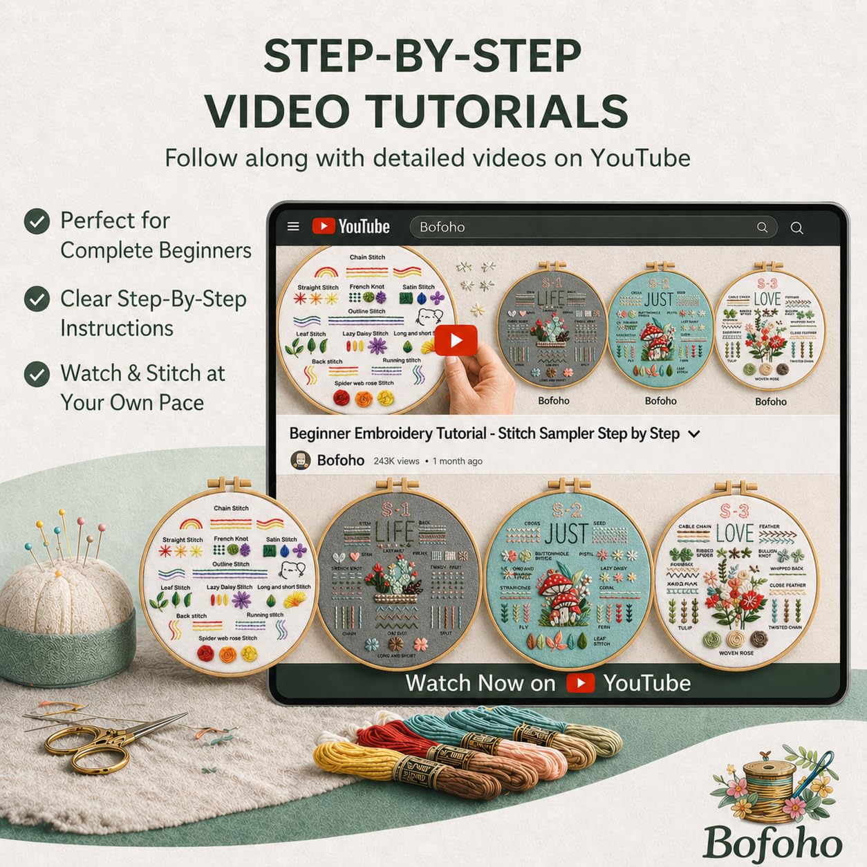 Beginner Embroidery Kit - 4 Floral Projects -6 Beginner Embroidery Kit - 4 Floral Projects -6