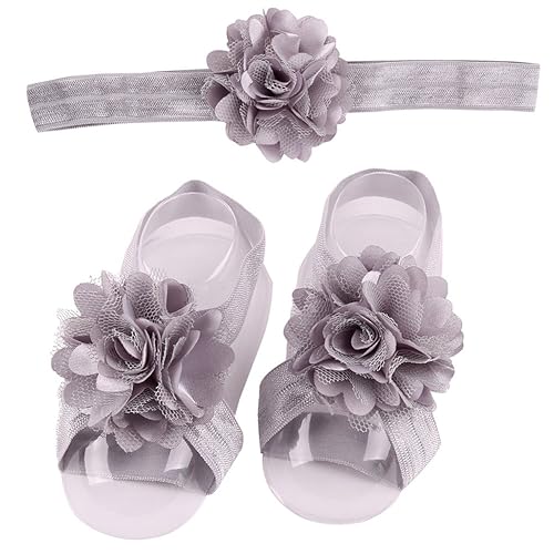 Miniatura 5 de 8 pares de diademas de flores de satén y sandalias descalzas para bebés y niñas pequeñas (8 pares S1)