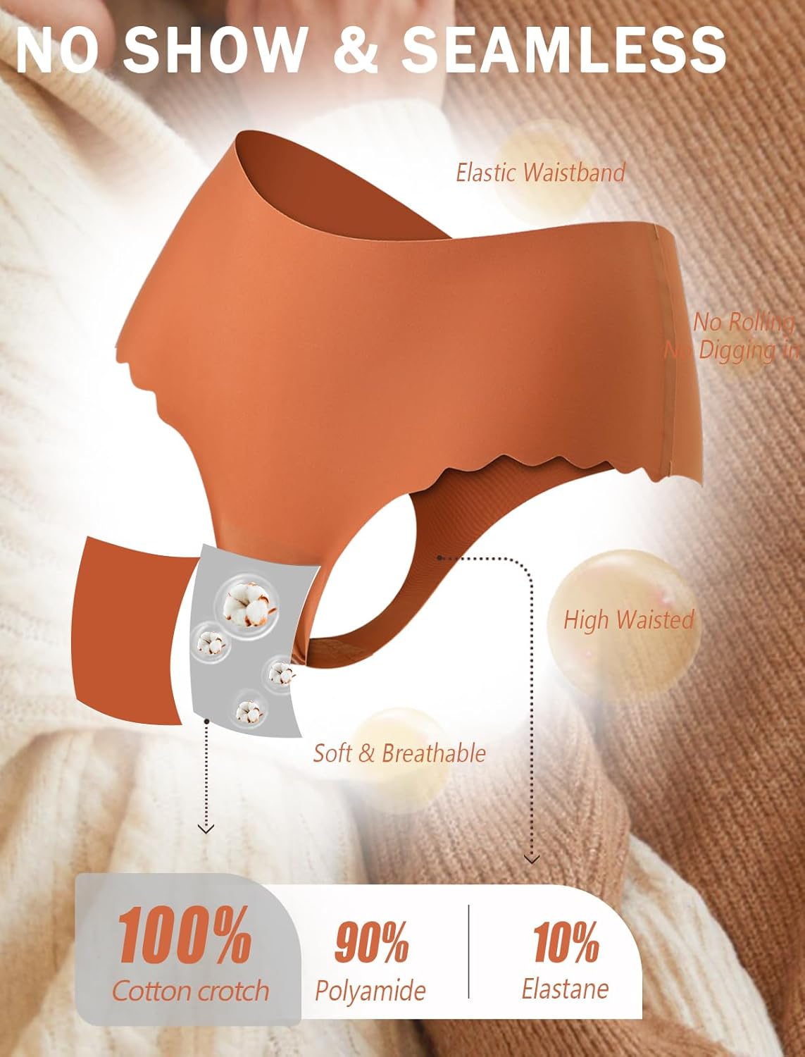 Thongs for Women High Waisted Seamless Underwear Ladies Wave Edge No Show Sexy Panties Thong Lingerie 6 Pack - Image 3