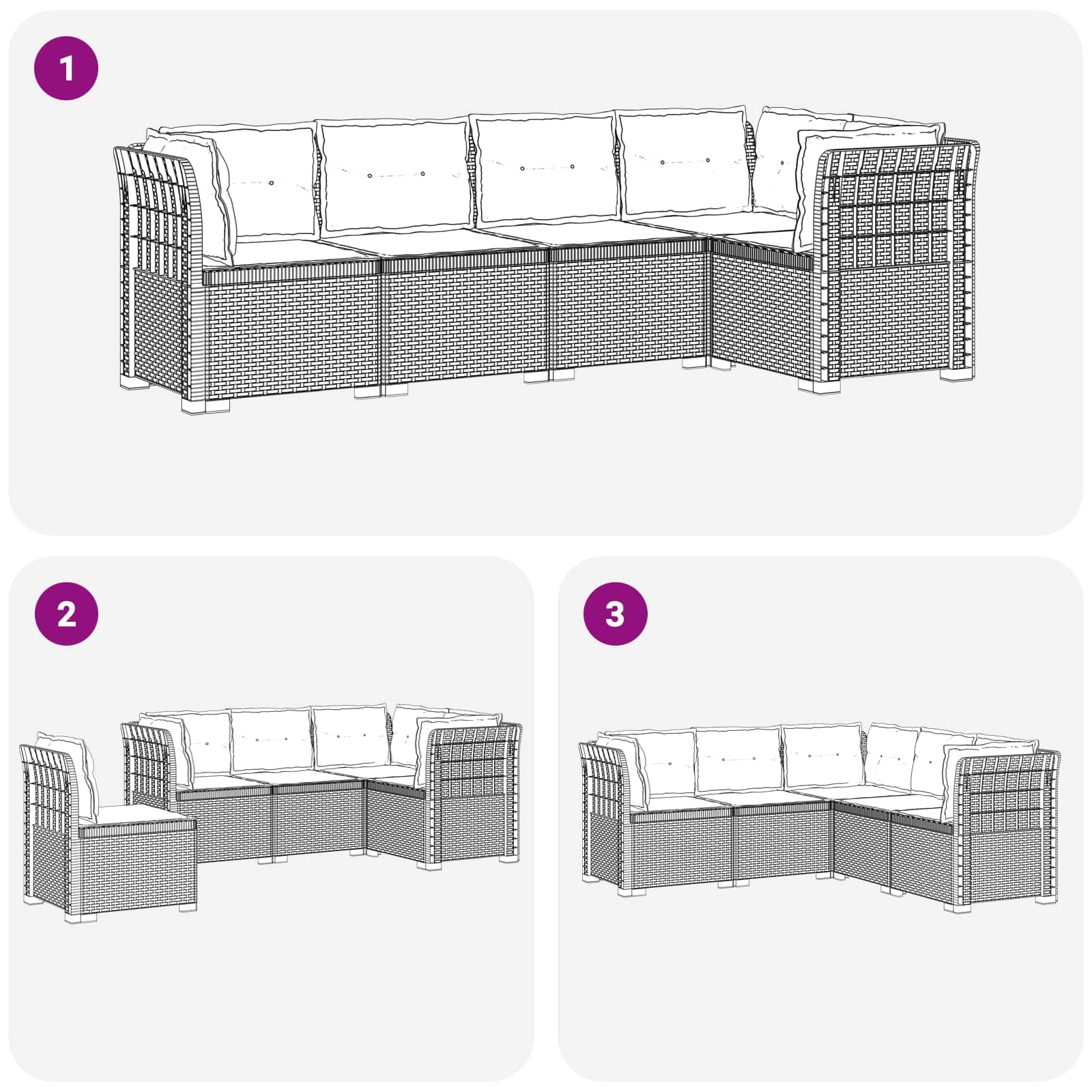 Divano da Giardino 5 Posti in PP Effetto Rattan Grigio Antracite | Salotto modulare da esterno per patio e balcone, resistente ai raggi UV con cuscini sfoderabili color panna.