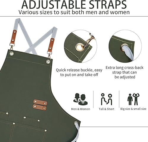 Miniatura 4 de 2 delantales de chef de lona impermeables, delantales ajustables con espalda cruzada para hombres y mujeres con 4 bolsillos, delantal para cocina