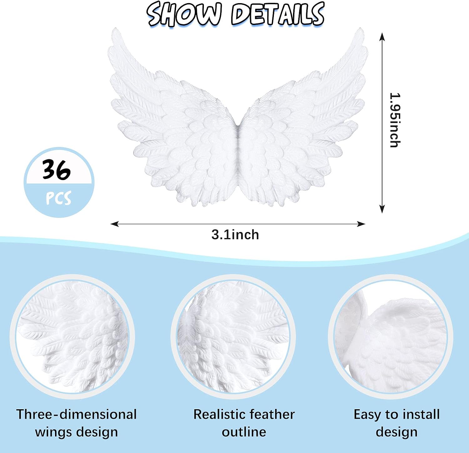 3D Plastic Angel Wings for Crafts Christmas Tree Ornaments White Feathers Costume Mini Wings Decor for DIY Crafts Accessories Christmas Party Favor Decor (36 Pieces, 3.3 Inch)