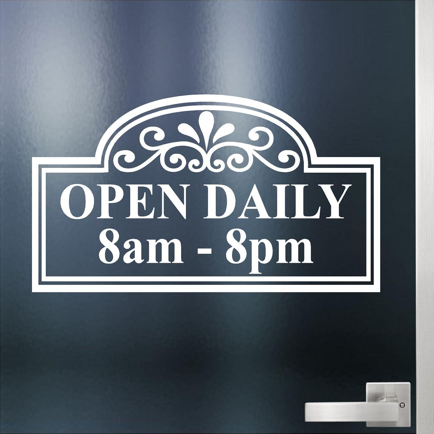 Jeyfel Decals. Custom Business Store Hours. Open Daily. Vinyl Die-cut Sticker. Window Decal. Glass Door Sign. (12" x 6")