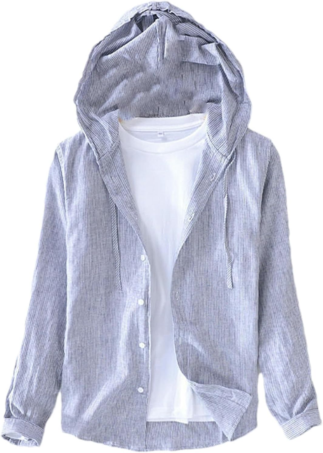 Spring and Autumn Men's Cotton and Linen Long Sleeve Shirt Japanese Artistic Linen Top Thin Hooded Striped Shirt