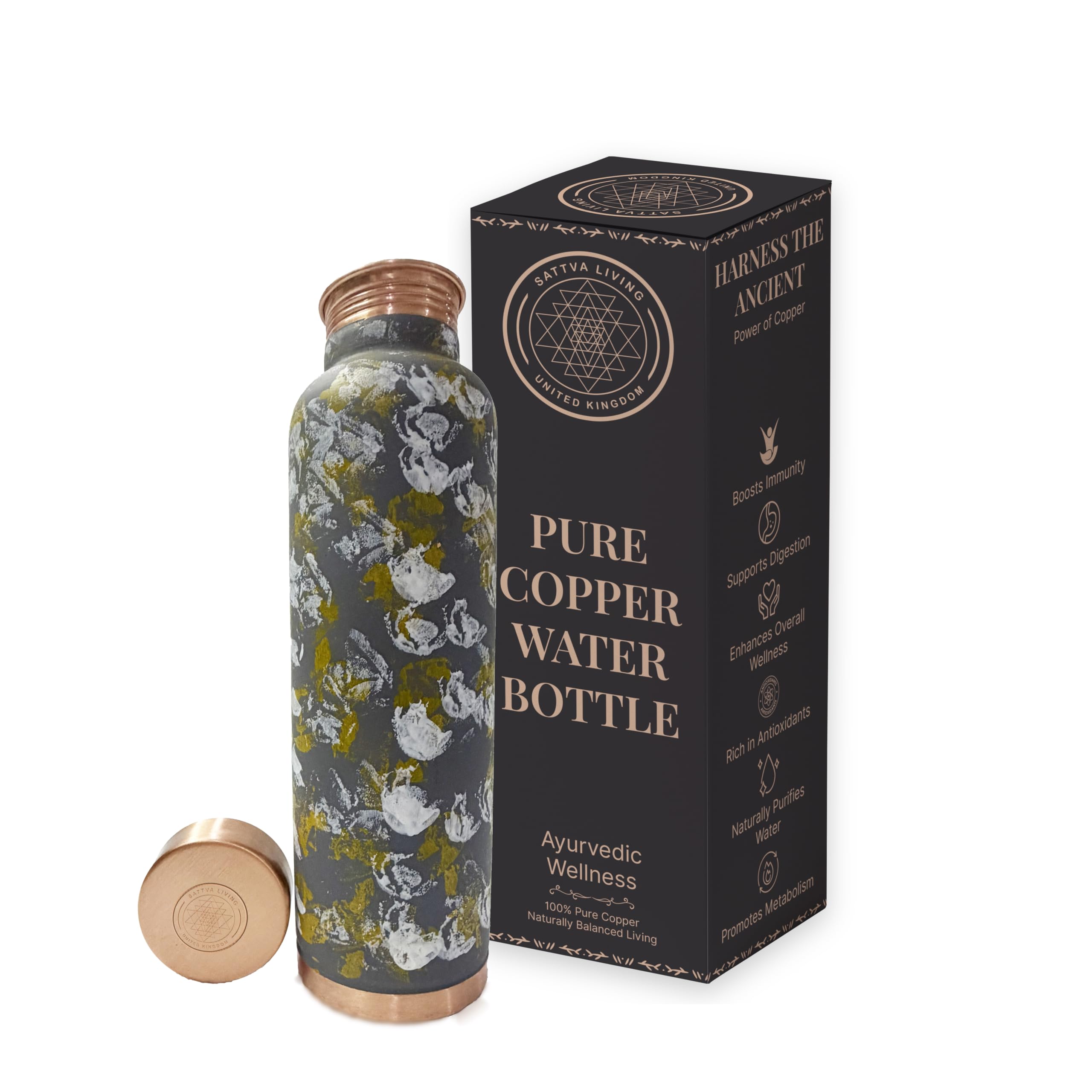 Sattva Living Tambra Abstract Pure Copper Bottle | 100% Genuine Copper | Hand-Painted Abstract Splatter Finish | Ayurvedic Wellness | 1000 ml