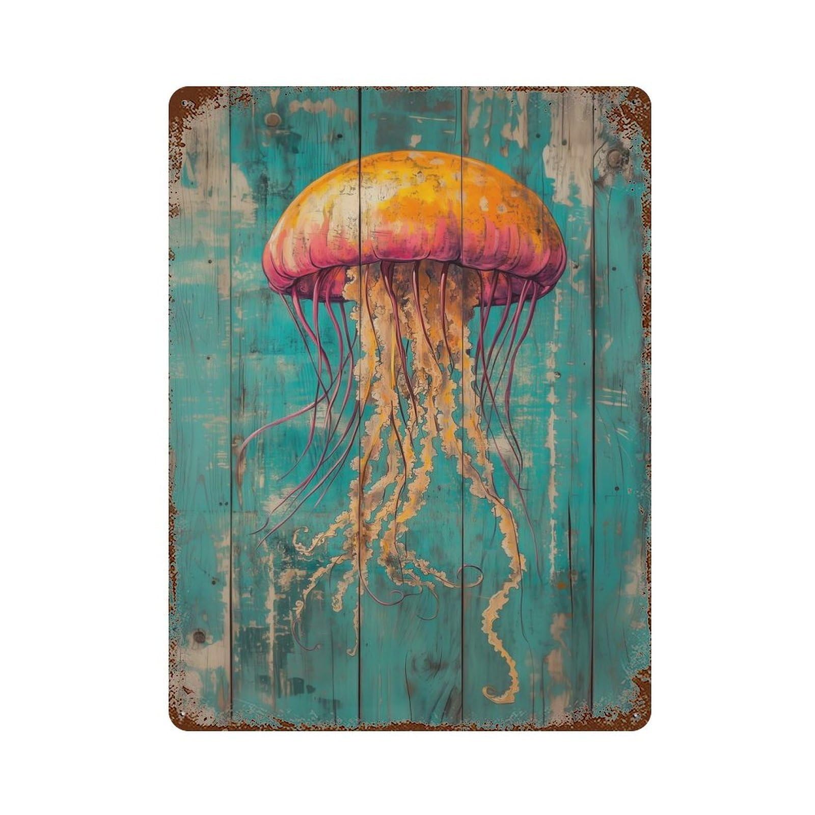 Jellyfish on Teal Wood Beach House Decor Rustic Tin Plaque 15.7"x11.8", Ideal for Shed, Workshop And Garage Wall Decor