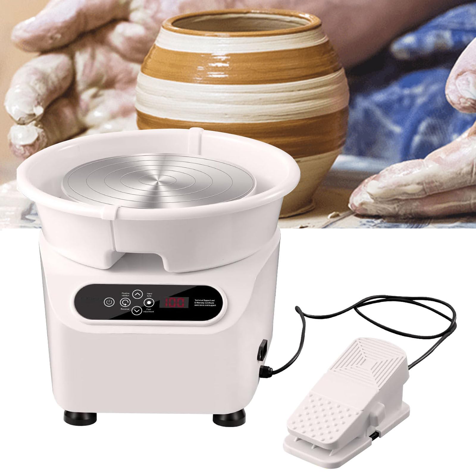 FBJAMZ Professional Pottery Wheel,with ouch Screen Foot Pedal,Tool Kit for Kids Beginners, Ideal for Clay Art, Orange Ceramic Making Machine (White)