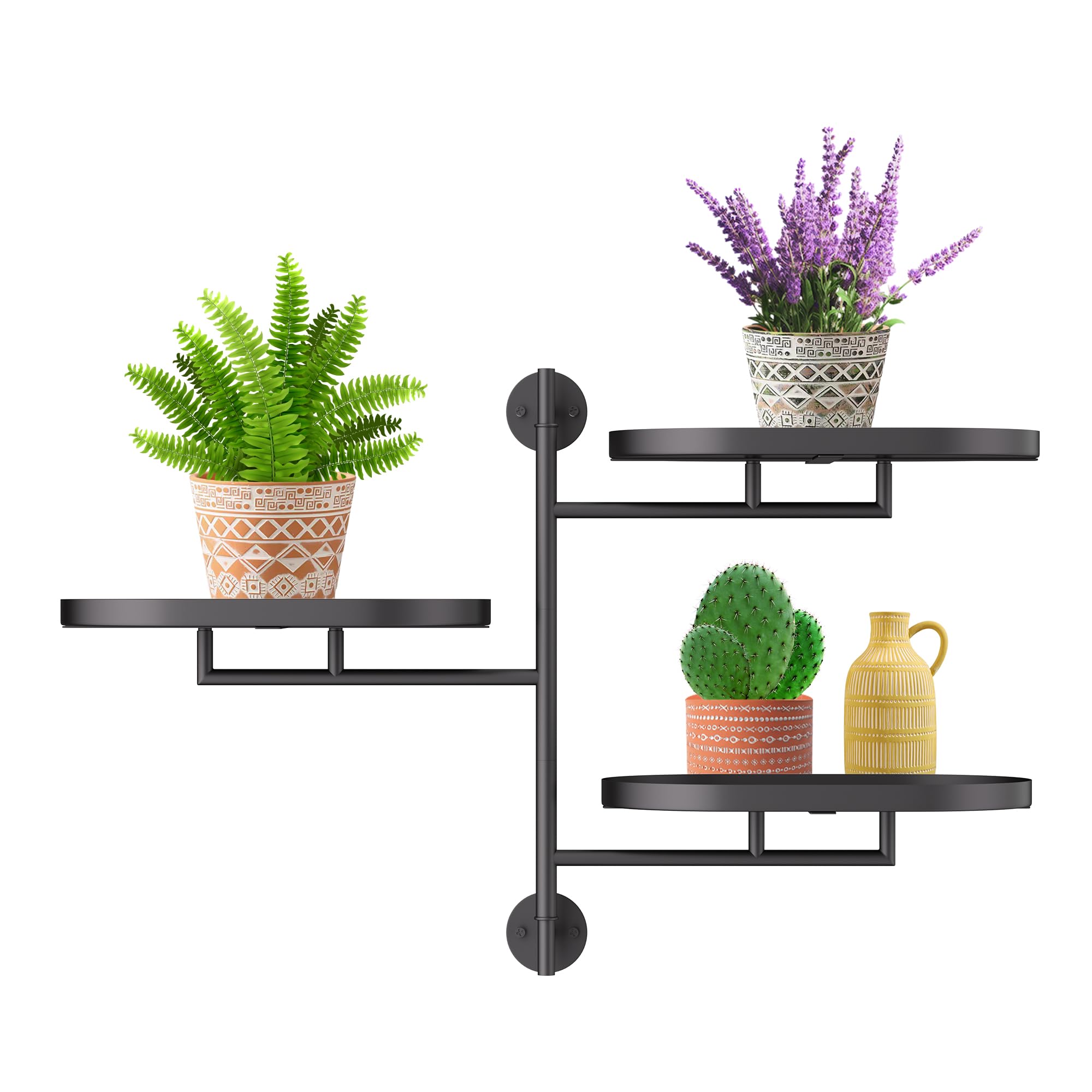 YQSLYSF WIndow Sill Rotating Plant Stand Shelf Indoor Black Metal Floating Shelves 3-Tier Wall Mount Plant Holders for Living Room Wall Planter Modern Home Decor for Gardening