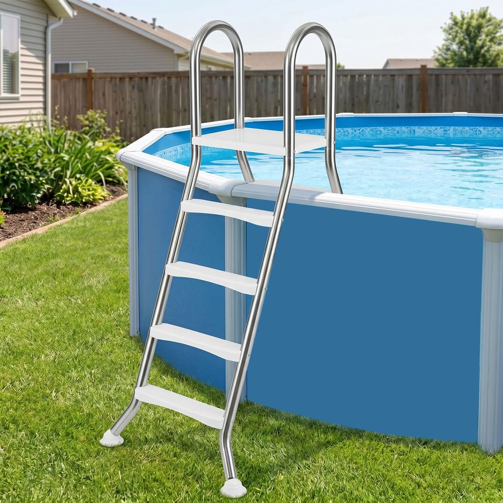 Escalera para Piscina elevada, Escalera de Piscina en Marco A de Acero Inoxidable peldaños Antideslizantes de 4 Pasos pasamanos Escalera de Alta Resistencia para Piscinas de 120-142 cm