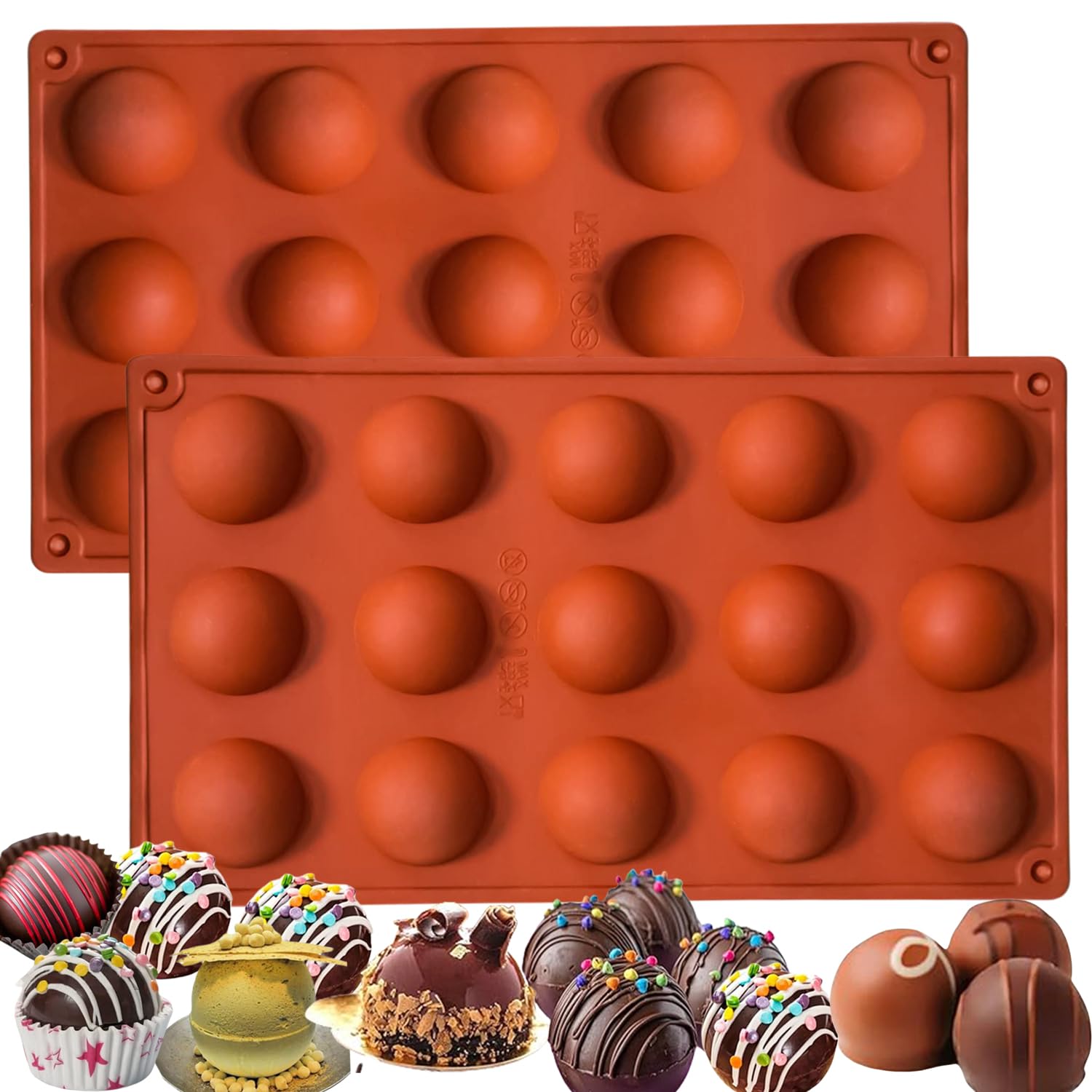 2-Pack 15-Cavity Silicone Baking Molds | Non-Stick Semi Sphere Molds for Jelly, Chocolate & Cake | BPA-Free Food Grade (Round/Half Sphere) by ENBRWAS