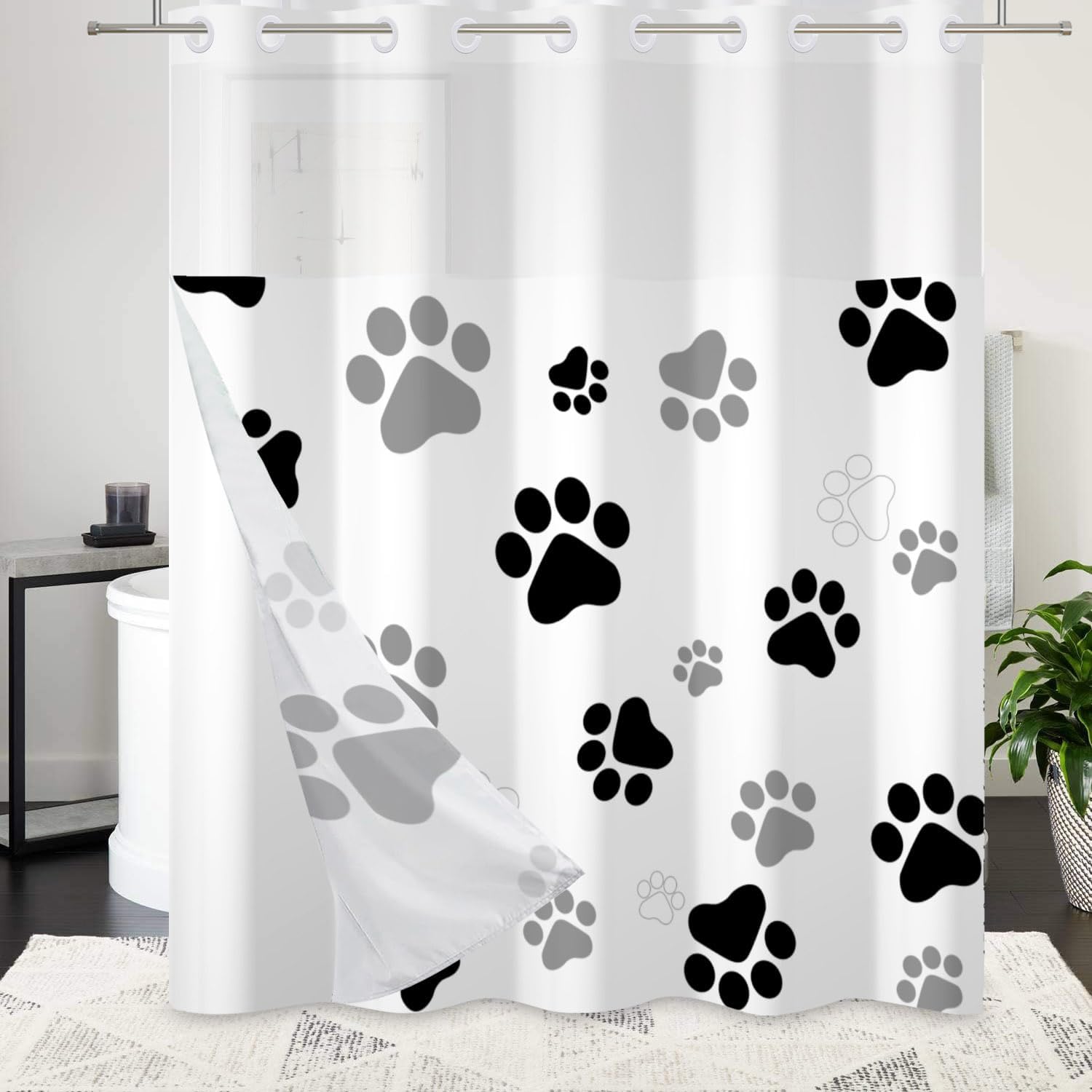 Funny Dog No Hook Shower Curtain with Snap in Liner Cute Cat Claw Shower Curtain with Liner Hotel Black and White Gray Modern Shower Curtains for Bathroom Kids Double Fabric Washable 71x74 Inch