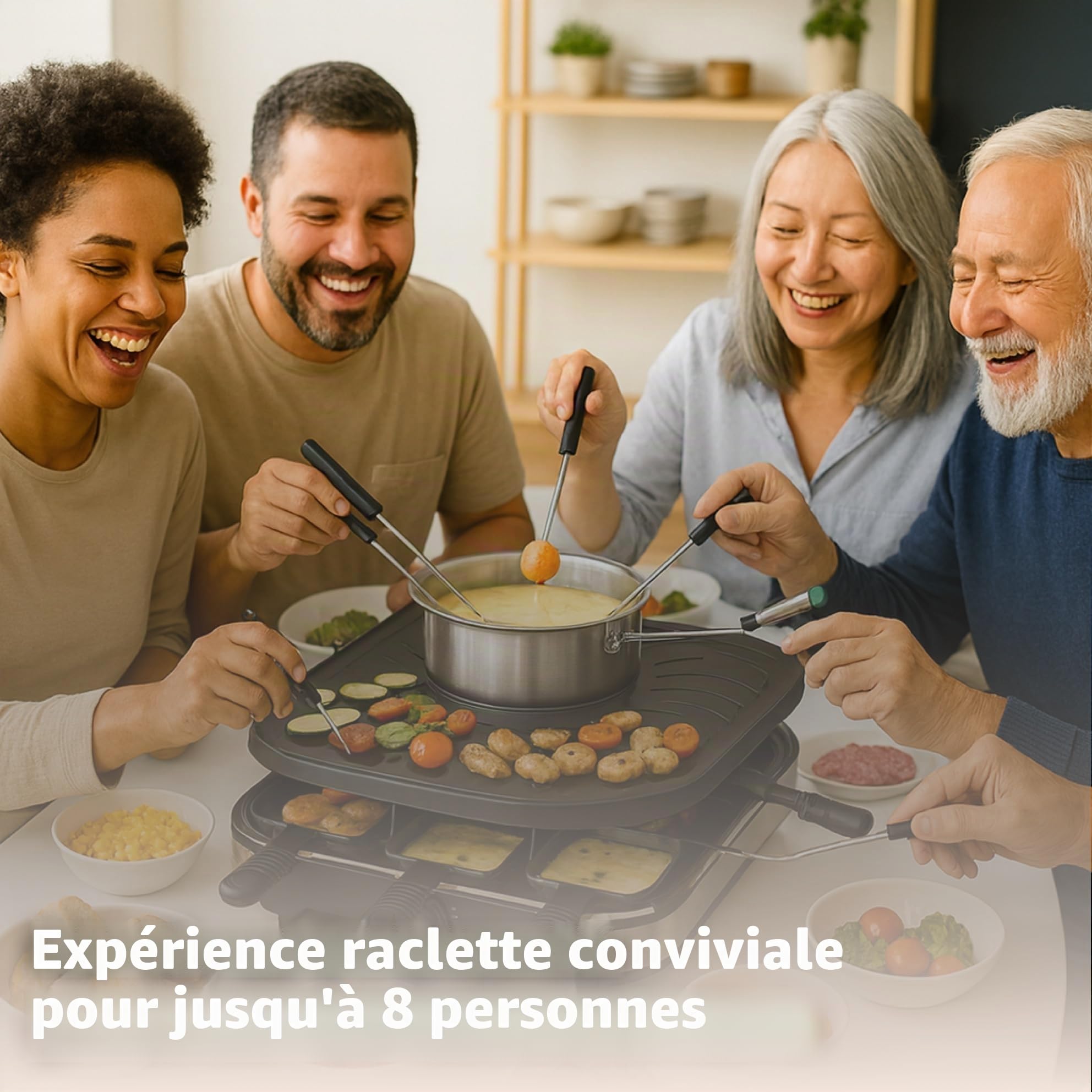 Appareil à raclette pour 8 personnes - Avec plaque de cuisson et fonction plaque de pierre - Barbecue de table avec poêlons et grattoir (fondue)