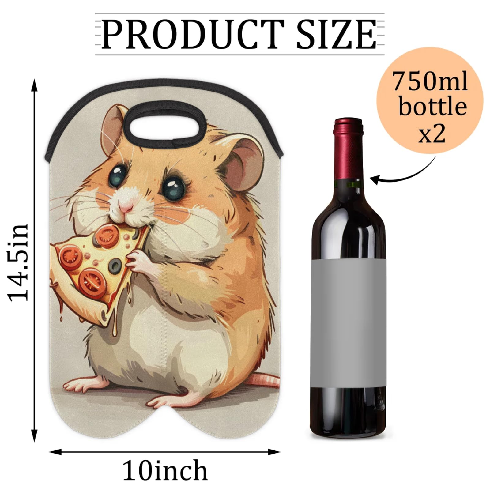 GzLeyigou 2 Bottles Hamster Eating Wine Bag Sleeve Totes Neoprene Protective Wine Carrier Bag for Wine,Water, Champagne, Beer, Baby Bottles,Gift 14.5 x 10 Inches