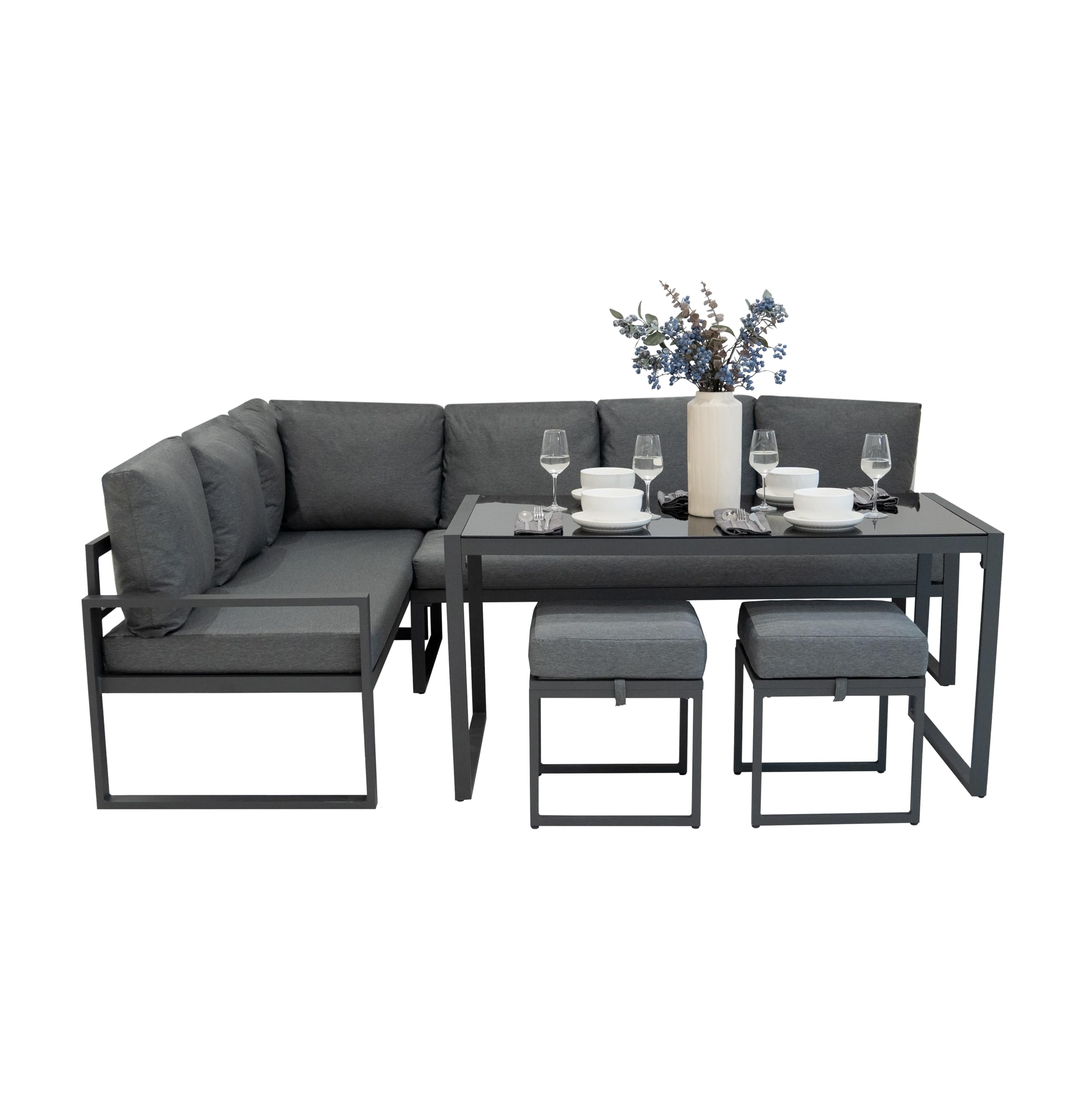 Conjunto Sofá Esquinero de Aluminio 7 plazas | Gris Antracita | Sofa + 2 Taburetes + Mesa con Tapa de Vidrio + Funda Impermeable | Cojines Lavables, Diseño Moderno y Resistente para Jardín Terraza