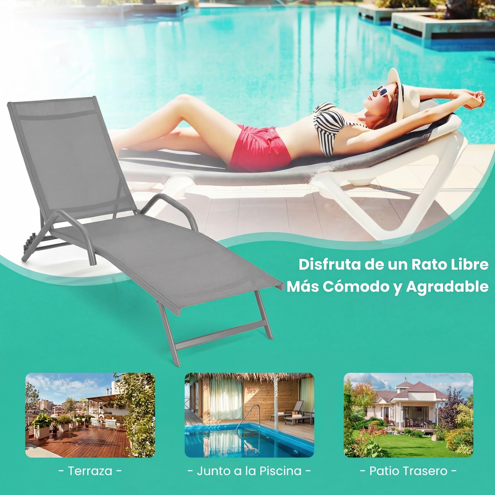 COSTWAY 2 Tumbonas Jardin Exterior, Reclinable en 5 Posiciones, Tela Transpirable, Tumbonas Liquidación Playa Jardin Piscina Exterior, 184,5 x 62 x 102,5 cm, Carga 160kg (Gris)