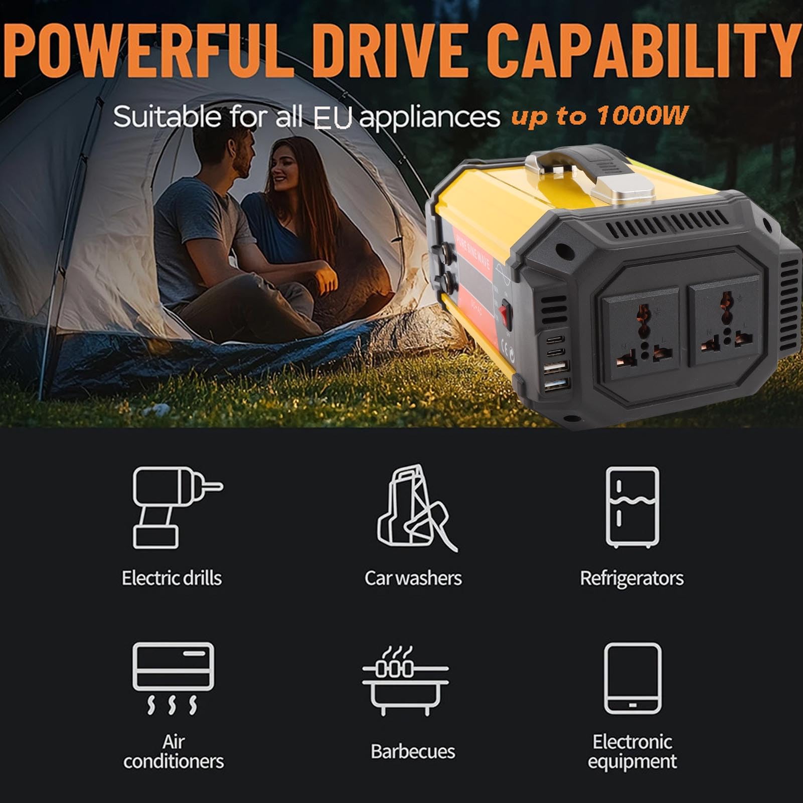 Asixxsix Przetwornica samochodowa 1000 W, przetwornica 12 V DC na 220 V AC z 4 portami USB, w tym 24 W USB C PD i szybkim ładowaniem QC, wyświetlacz LCD w czasie rzeczywistym