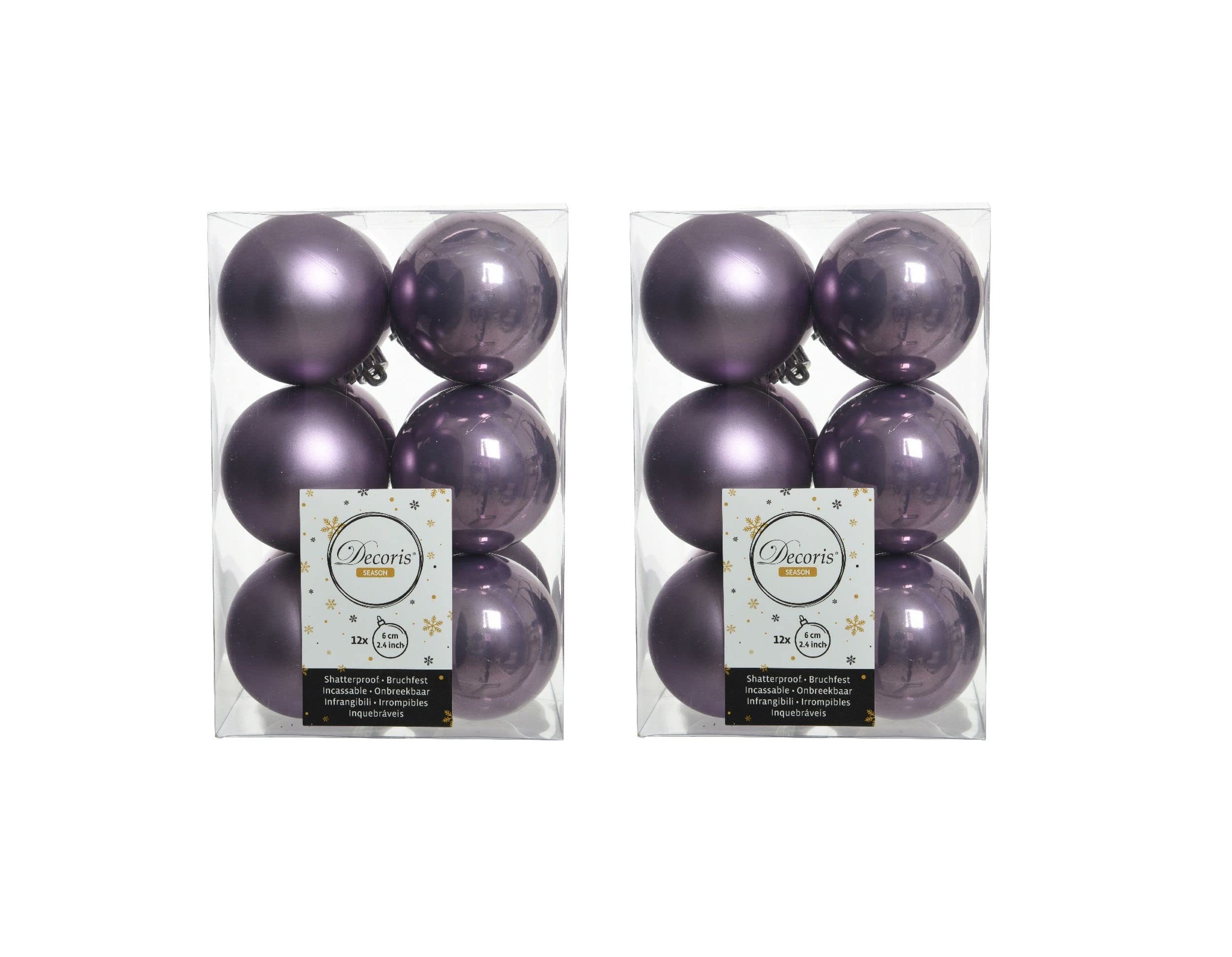 24 Heather Lilac Christmas Baubles 6cm Shatterproof Tree Ornaments Shiny Matt
