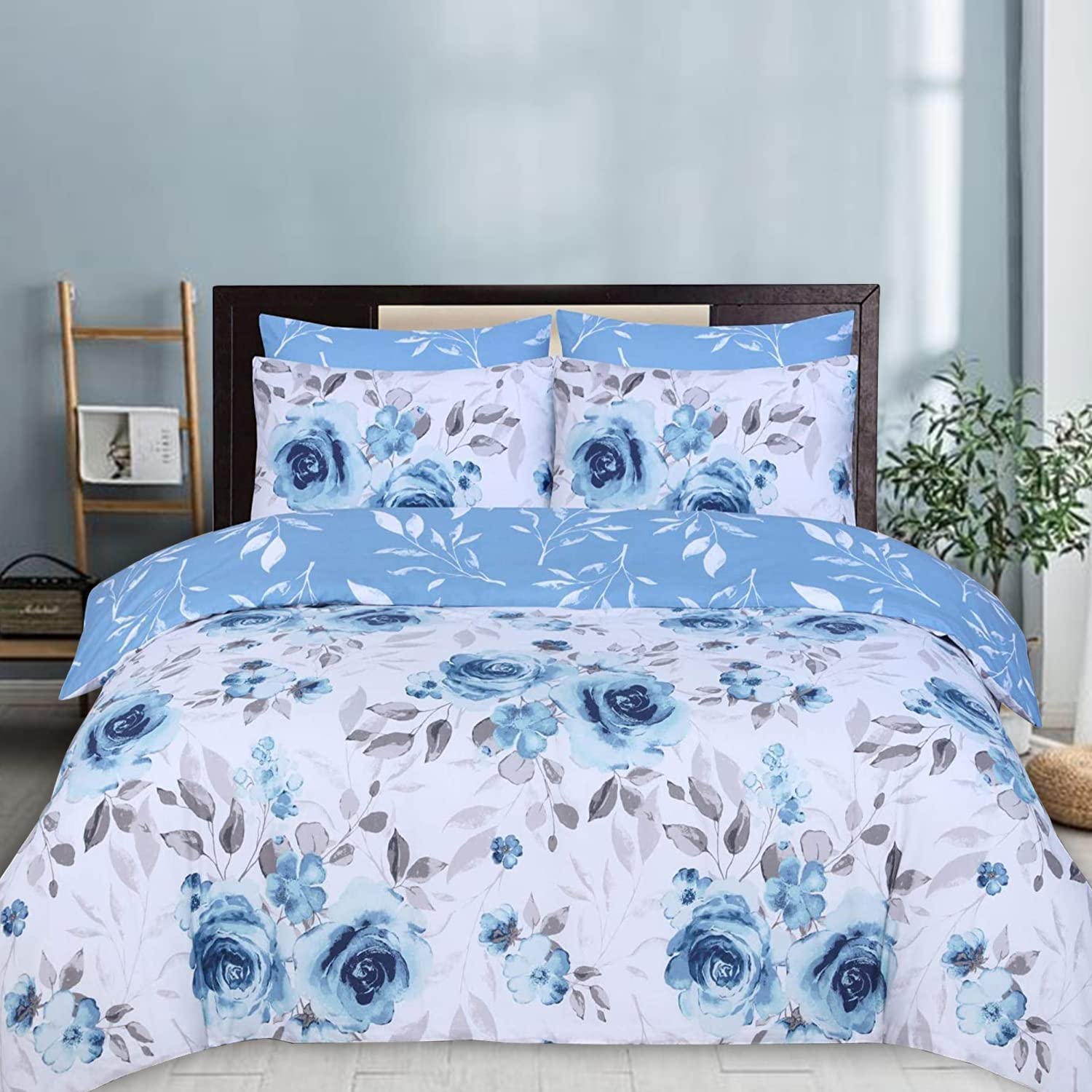 Indus Textiles Duvet Cover Set - 100% Soft Cotton Floral Pattern Reversible Duver Cover With Pillowcases - Roses Blue - Super King