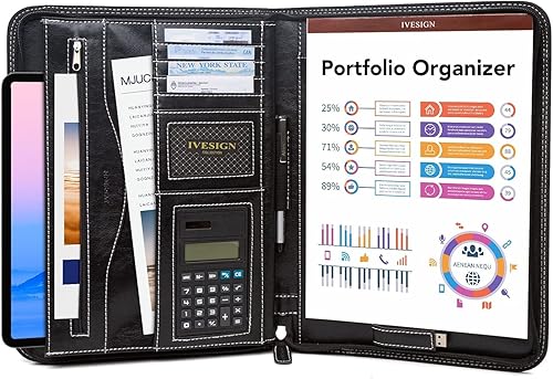 Miniatura 7 de IVESIGN Portafolio con cremallera para mujeres y hombres, carpeta de reanudación de cuero vegano, organizador de negocios, con bloc de escritura