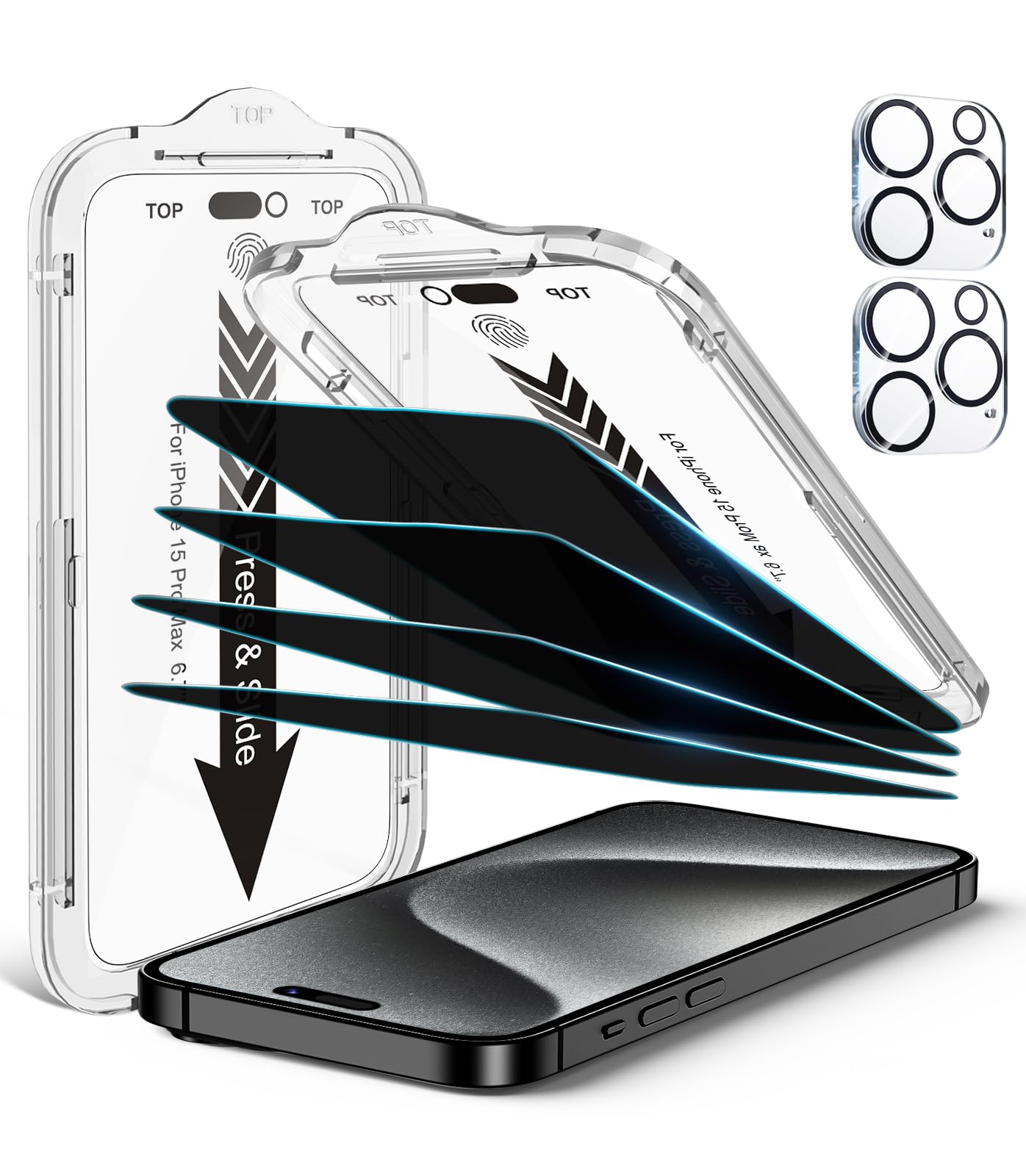 EZ-GLAZ-4 Pack for iPhone 15 Pro Max Privacy Screen Protector(6.7'') With [2 Pcs Camera Lens Protector], Anti-Spy, 9H Hardness, Drop-Resistant, Case Friendly, Anti-Scratch & EZ-To-Install Tempered Glass