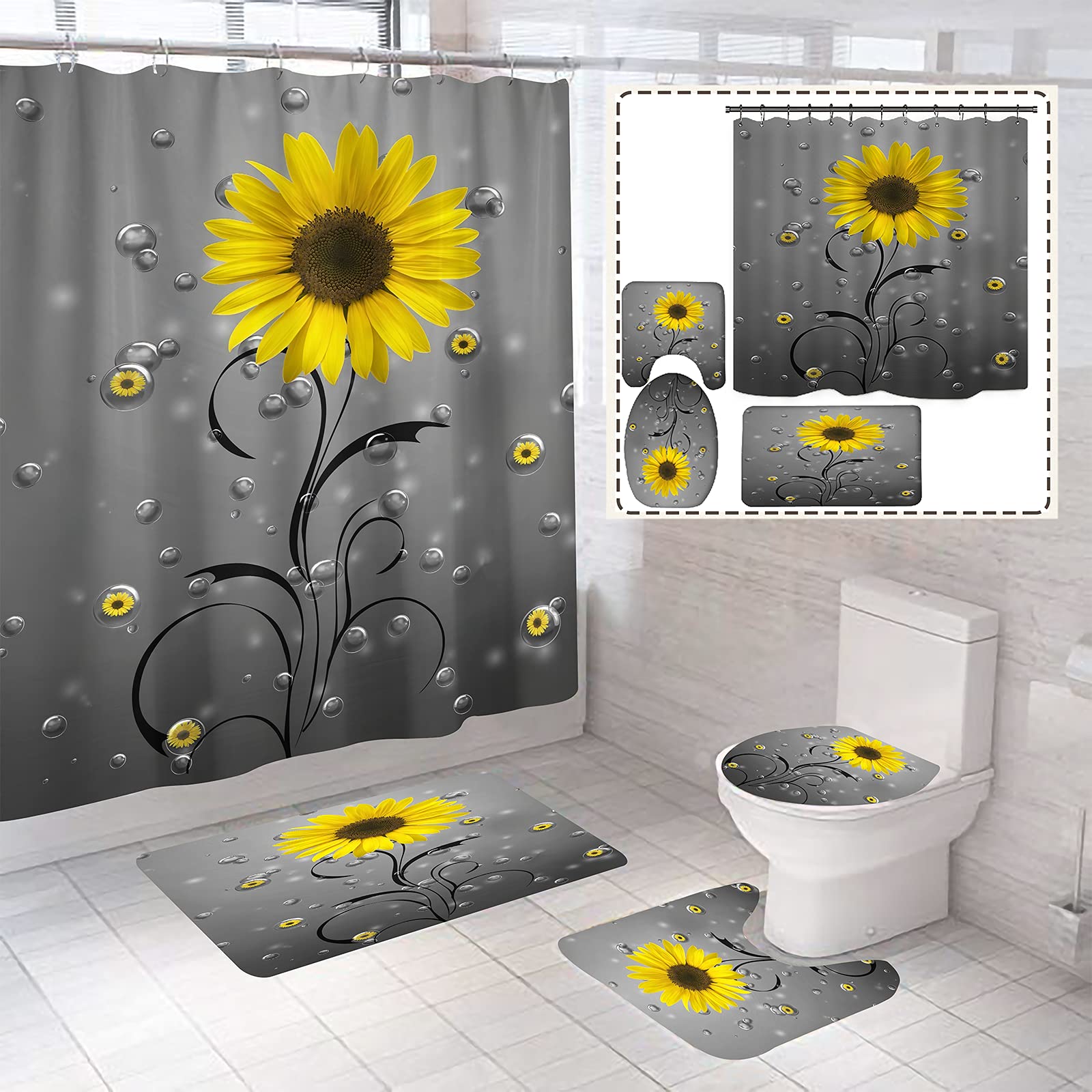 AZHM Set di tende da doccia con tappeti, set da 4 pezzi con farfalla e girasole, accessori decorativi, tende da bagno, set da doccia include tenda da doccia, tappetino antiscivolo per WC