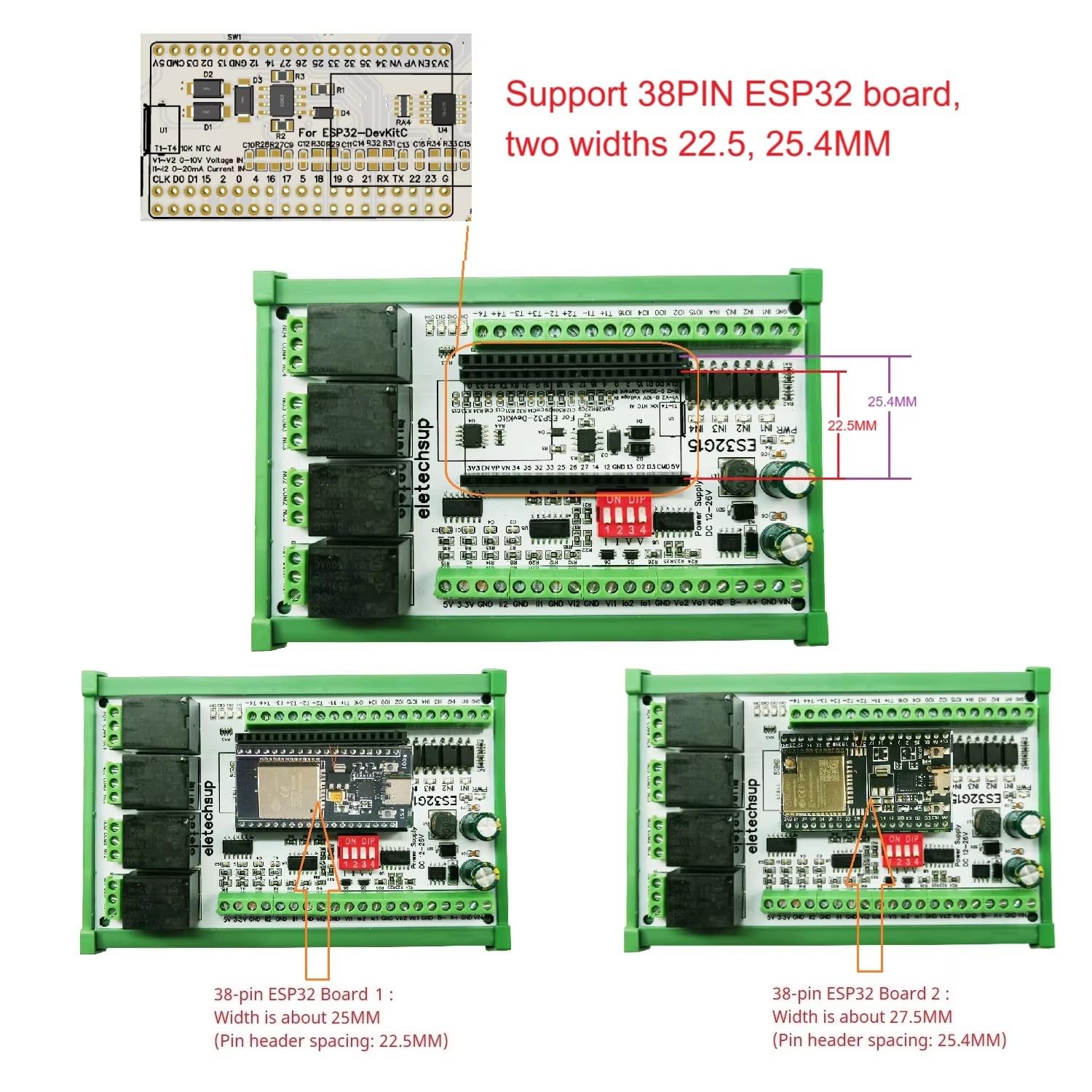letechsup ES32G15 WiFi & RS485 Expansion Board for ESP32-DevKitC, 2AI 2AO 4DI 4 Relay 10A NTC Temperature Acquisition, 12-28V PLC Development Board for Arduino Remote Control (with Shell)