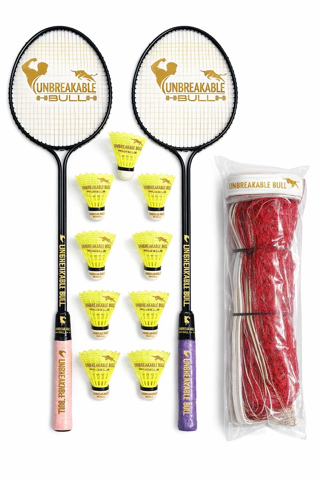 𝐔𝐍𝐁𝐑𝐄𝐀𝐊𝐀𝐁𝐋𝐄 𝐁𝐔𝐋𝐋 Double Shaft Badminton Racket Set for Kids & Adults with Nylon Shuttlecocks 9PC with Badminton Net | Heavy-Duty Bat for Training & Play for Kids and Adults Bl-image-8