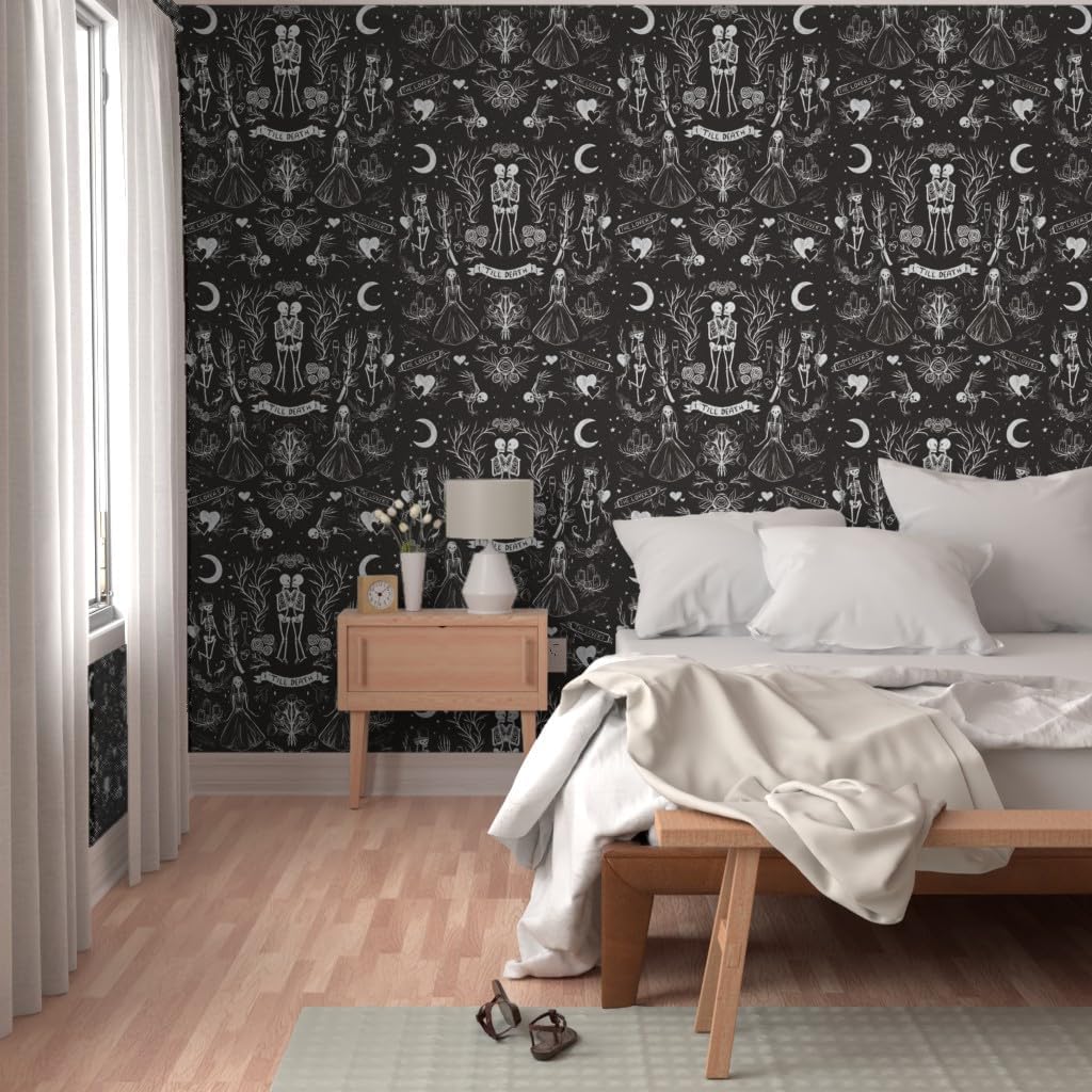Spoonflower Peel & Stick Wallpaper 3ft x 2ft - Death Gothic Halloween Black White Skeletons Wedding Lovers Groom Dark Custom Removable Wallpaper
