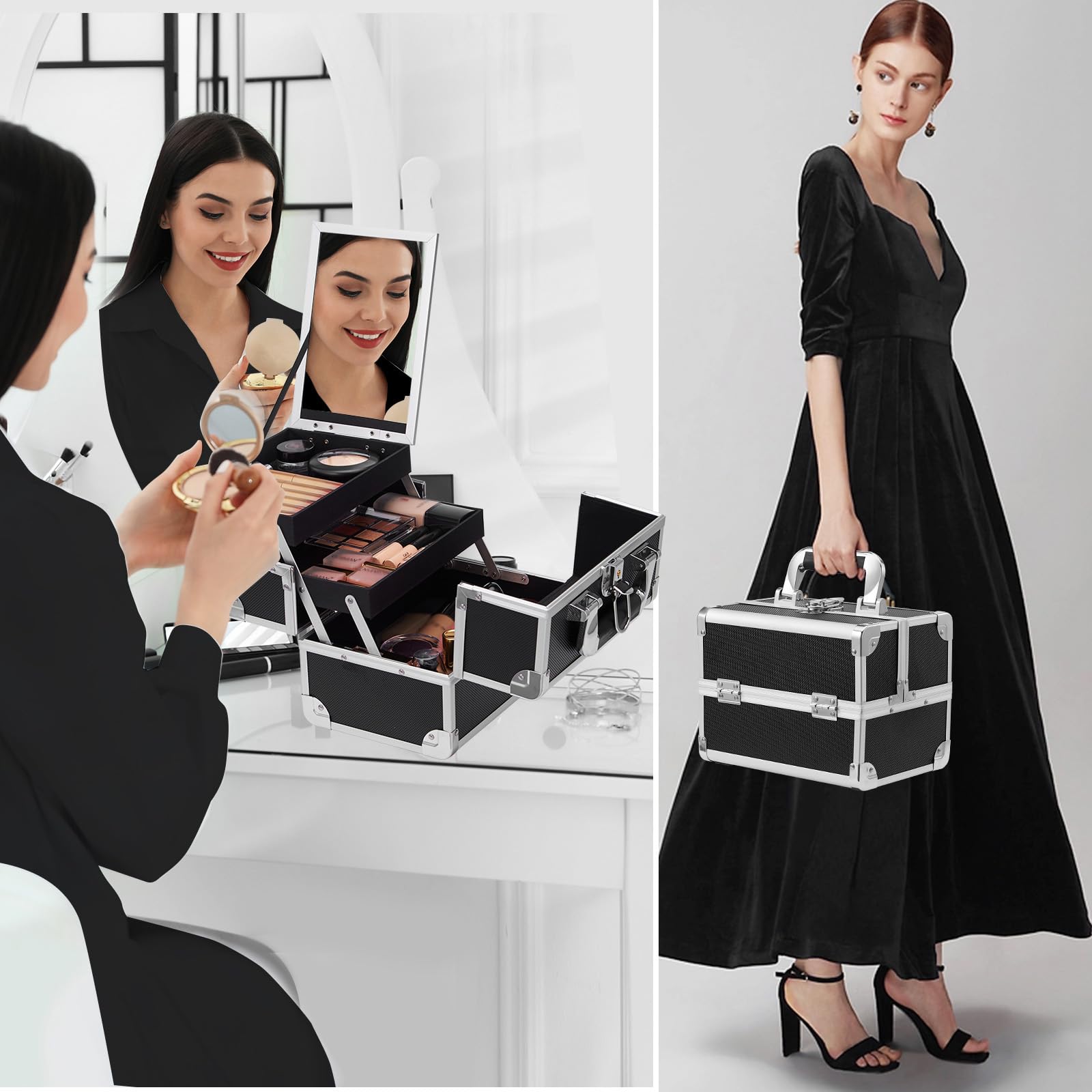 Maletín Maquillaje Profesional Negro Estuche de Maquillaje Maletín de Manicura Caja Maquillaje Joyero Cosméticos con Espejo Vacío de Viaje Regalos para Mujeres