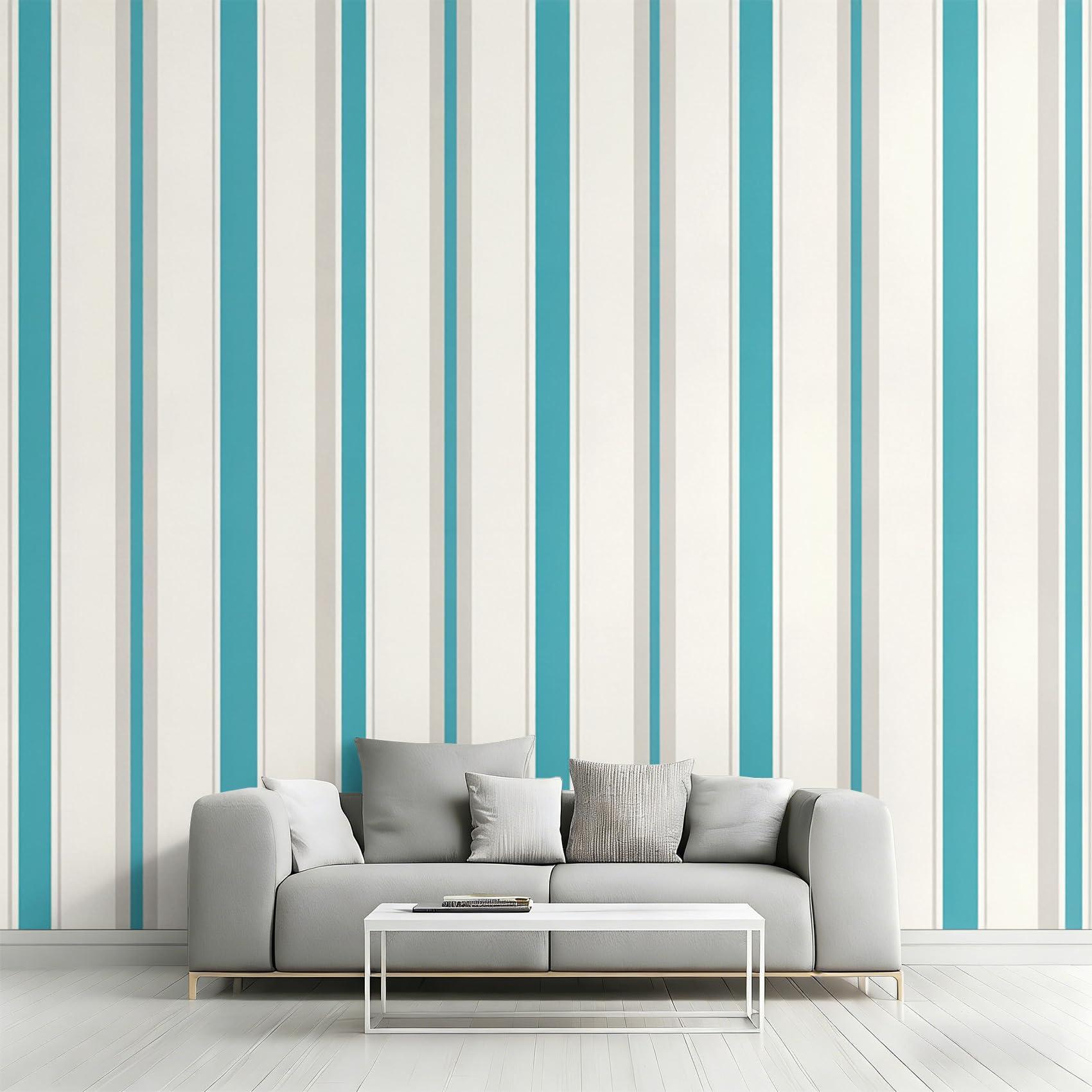 Simple Striped Wallpaper for Living Room, Teal Blue White Stripes Wall Mural, Non-Woven Photo Wallpaper for Bedroom, Home Decor Wall Paper 350 x 256 cm (W x H) Y&W61