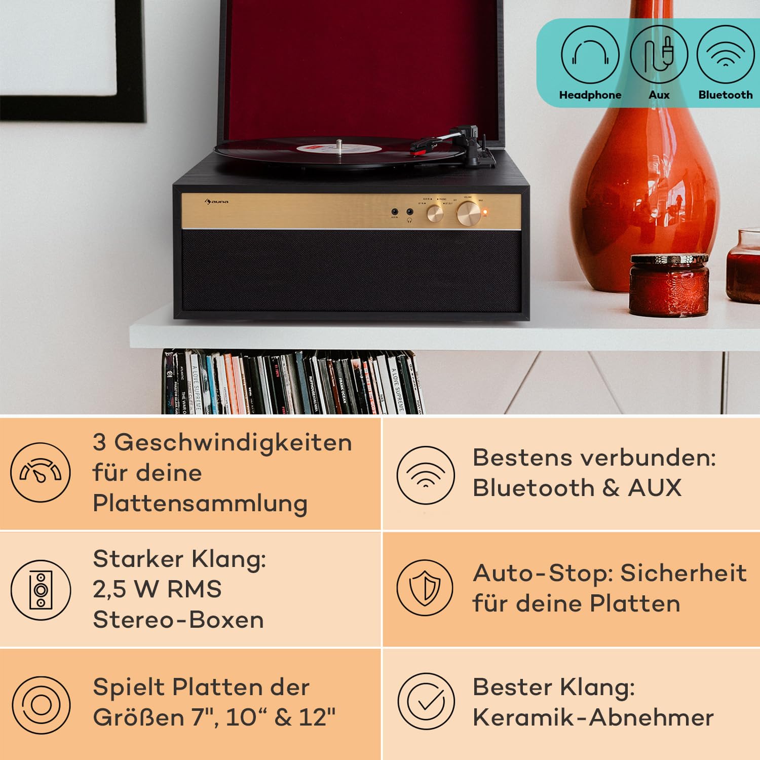 Auna Plattenspieler mit Lautsprecher, Plattenspieler mit Bluetooth & Standfüßen, Retro-Schallplattenspieler Bluetooth Transmitter & Receiver, Moderner für Schallplatten