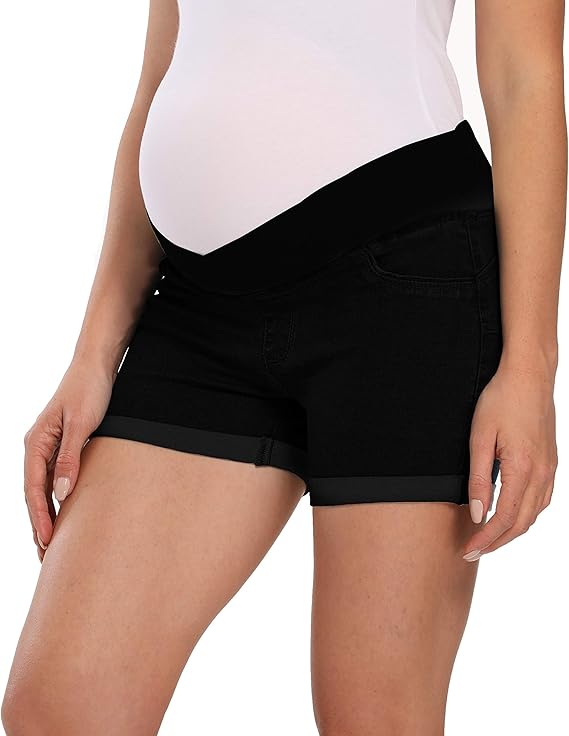 Maternity Women's Underbelly Wide Elastic Band Waist Roll Hem Denim Short (Black, 2XL